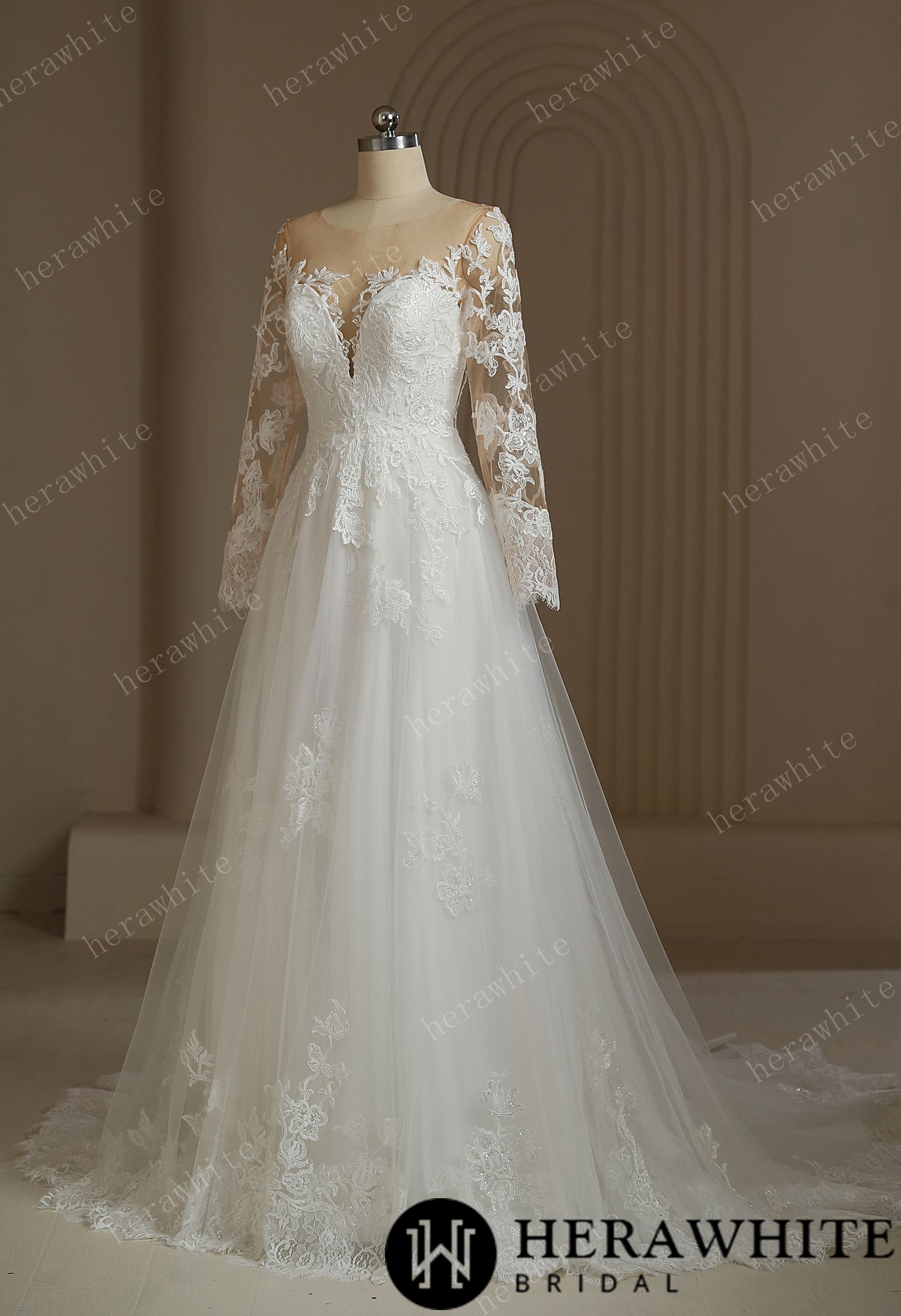 Romantic Sweetheart Long Sleeve Illusion Back  Wedding Dress