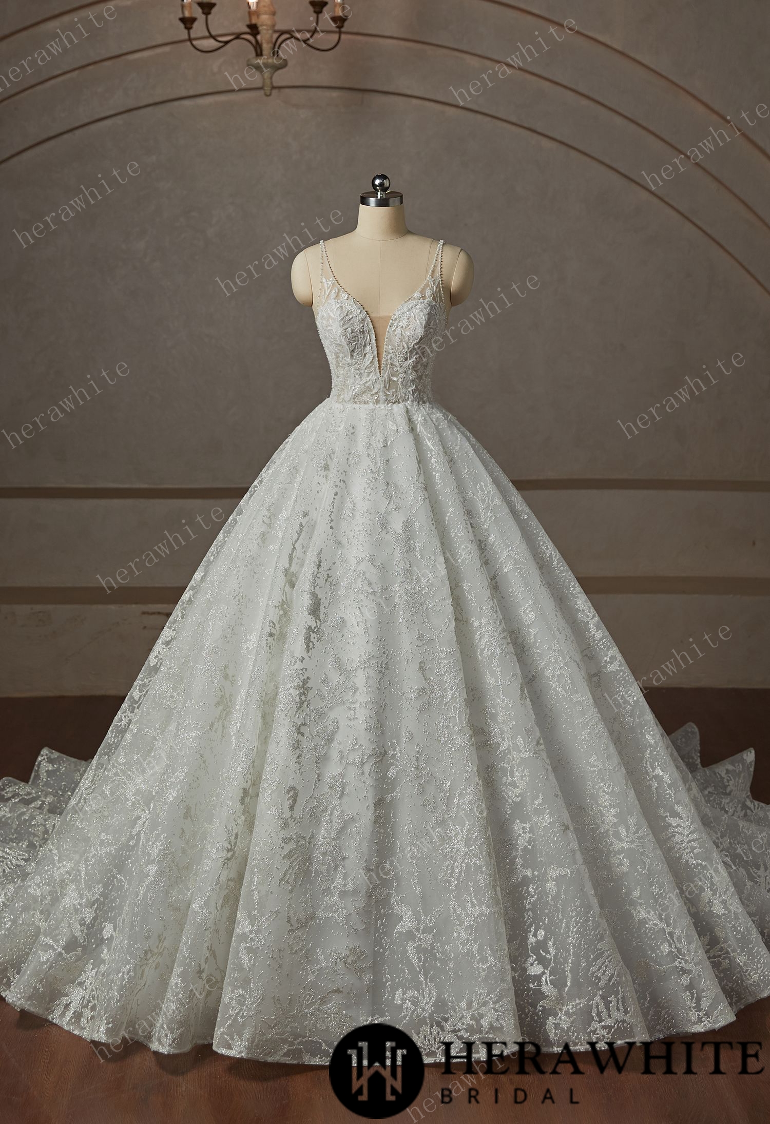 Princess Beaded Deep-plunge Ball Gown Wedding Dress