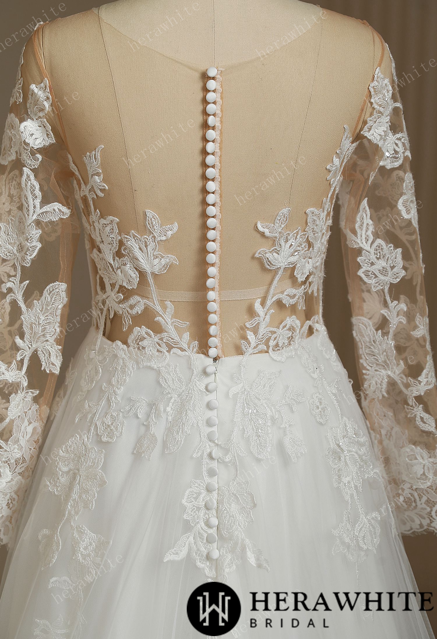 Romantic Sweetheart Long Sleeve Illusion Back  Wedding Dress