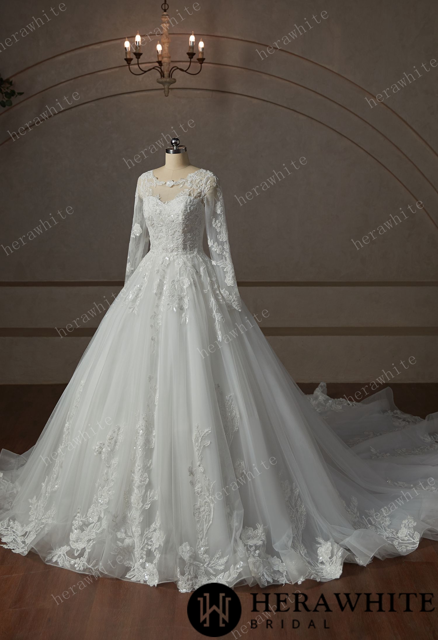Modest Beaded Lace With Long Illusion Sleeves Ball Gown Wedding Dress