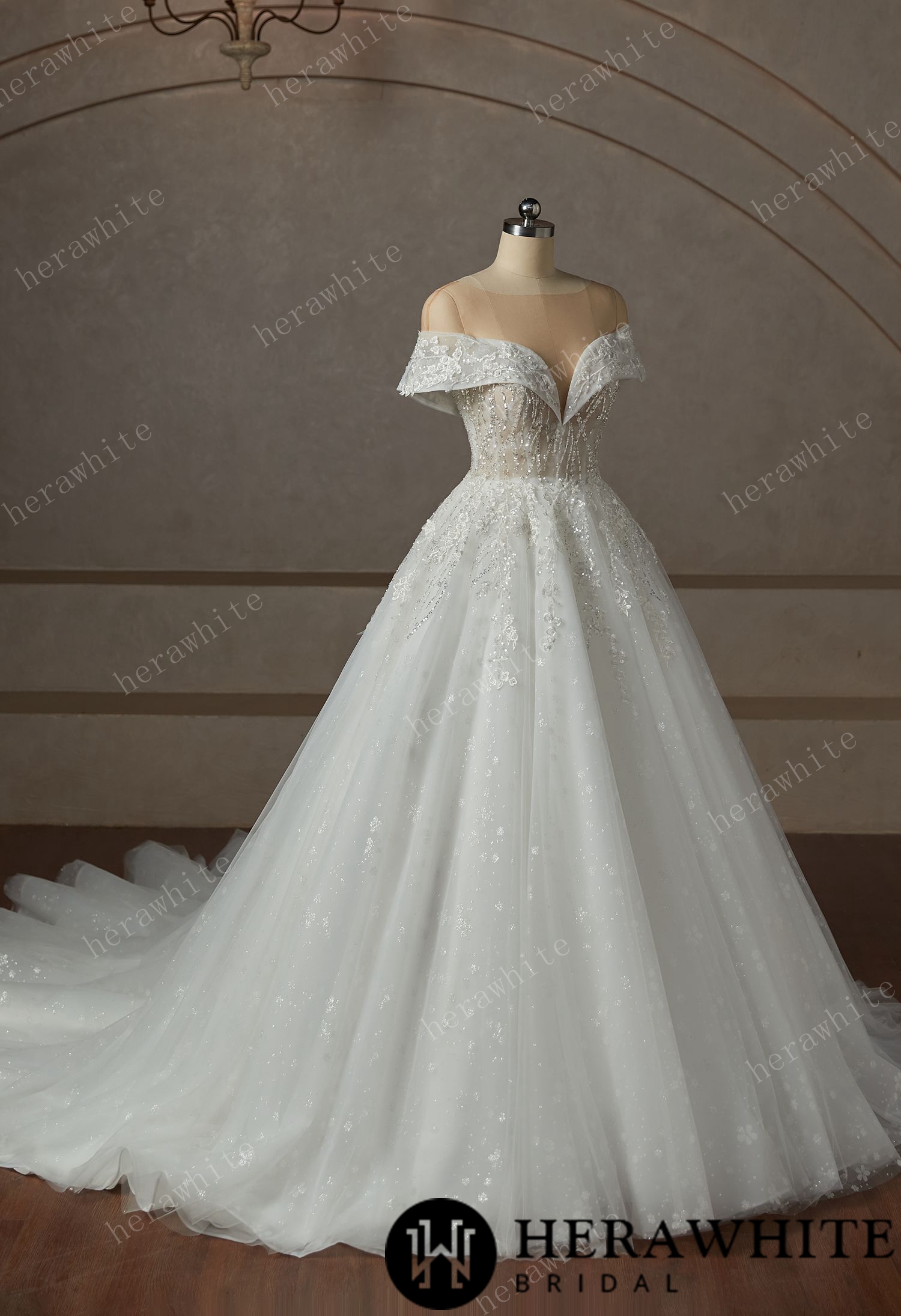 Princess Plunge  Wrap Sleeves Ball Gown Wedding Dress