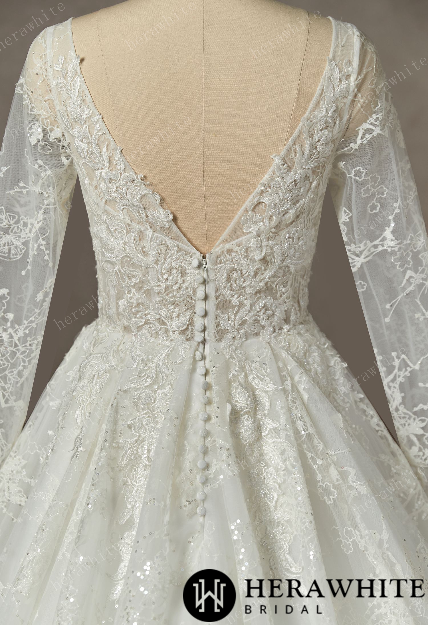 V-Neck Sparkly  Wedding Gown With  Long Sleeve