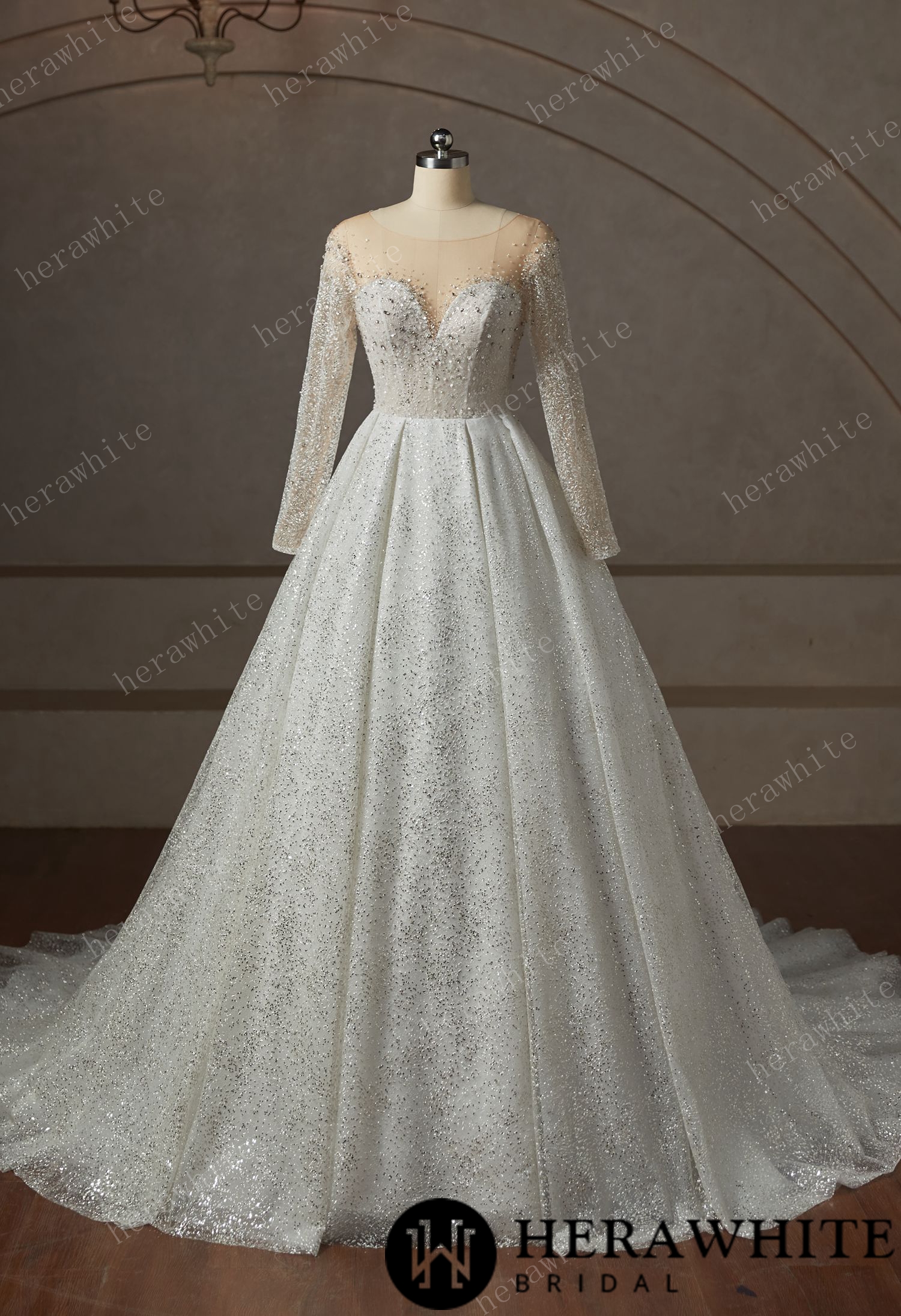 Sparkly Off  The Shoulder Long Sleeve Ball Gown Wedding Dress