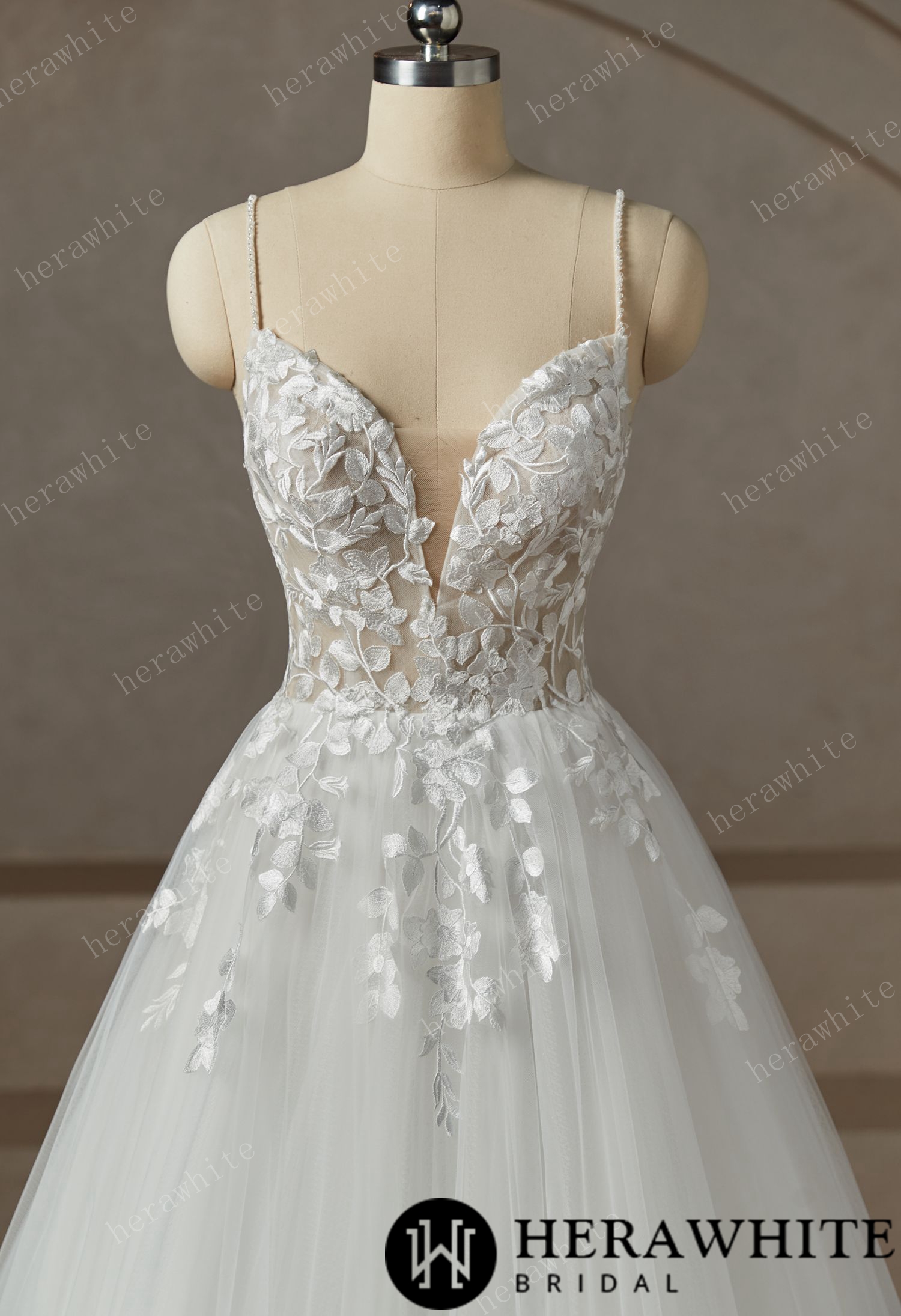 Beaded Strap Lace  Tulle Wedding Dress
