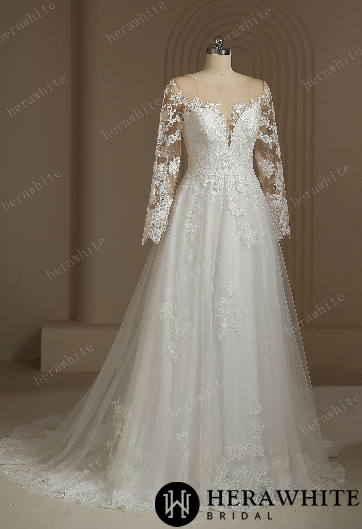 Romantic Sweetheart Long Sleeve Illusion Back  Wedding Dress