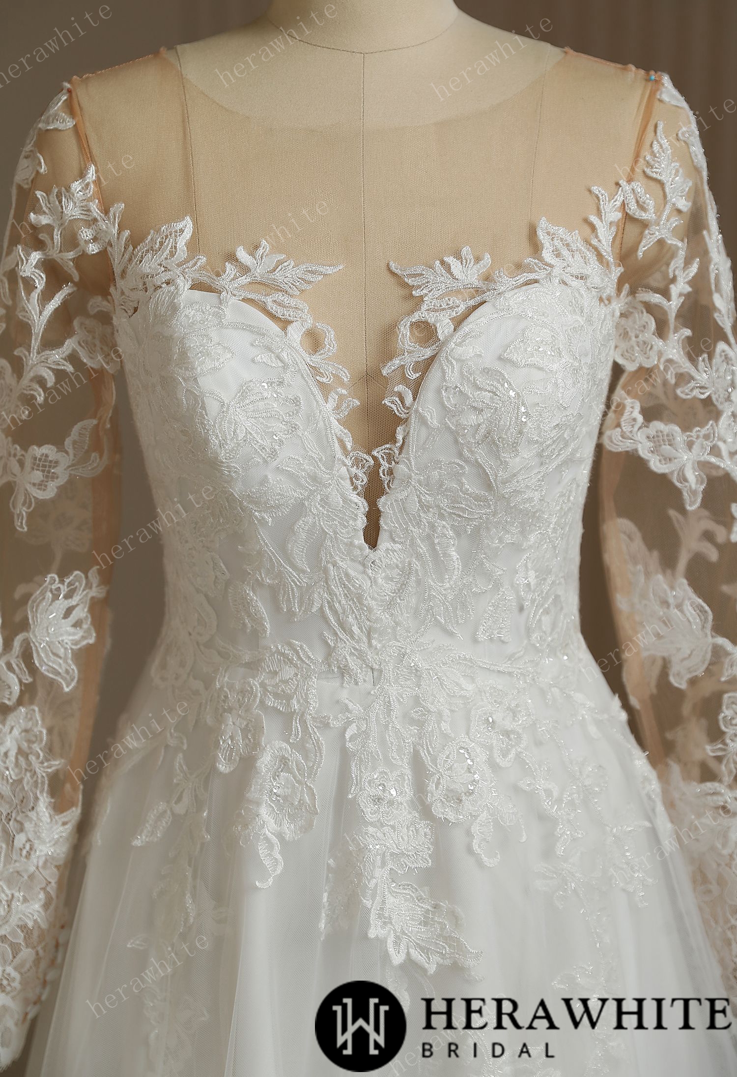 Romantic Sweetheart Long Sleeve Illusion Back  Wedding Dress