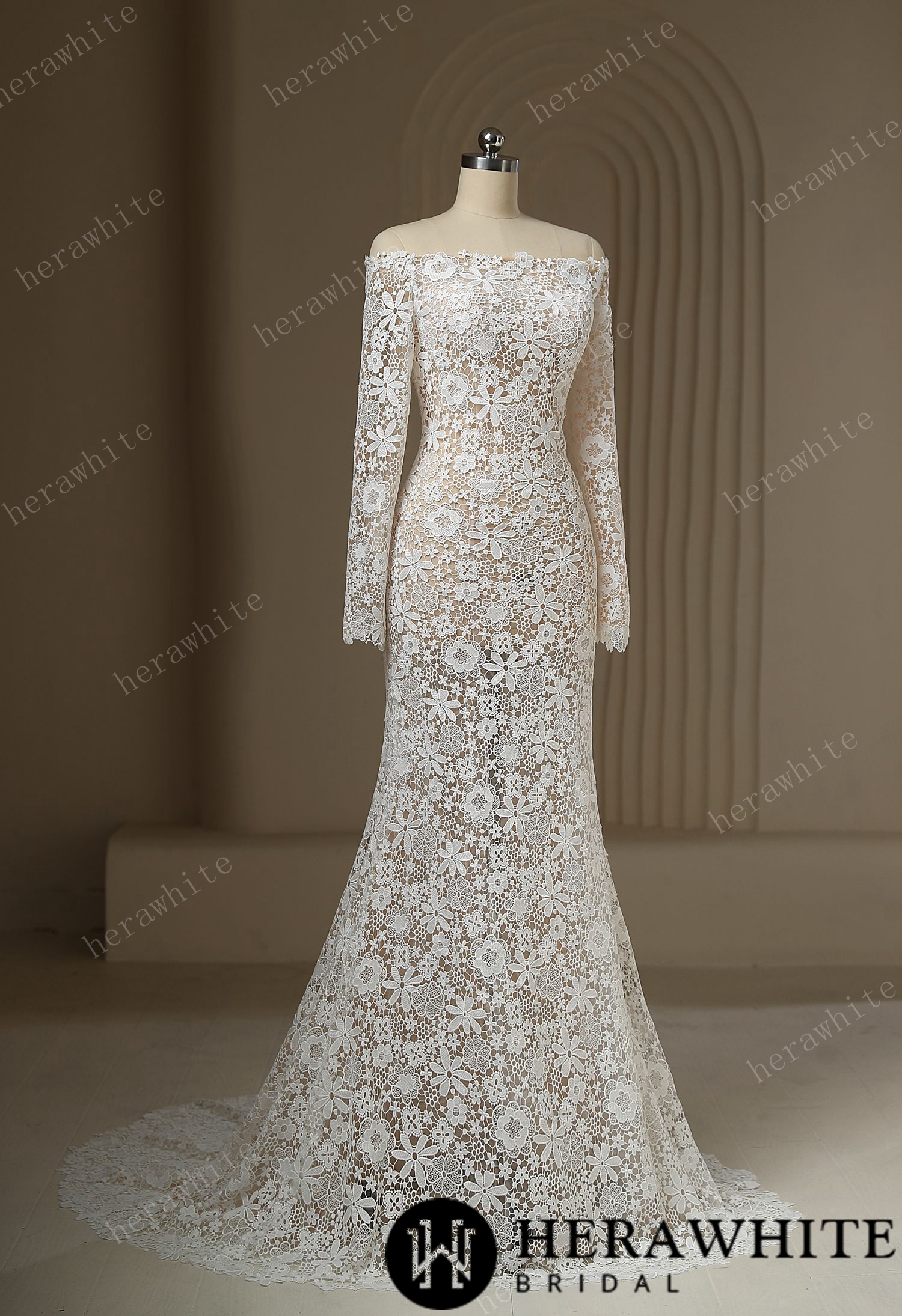 Unique Illusion Off The Shoulder Sheer Lace Wedding Dress