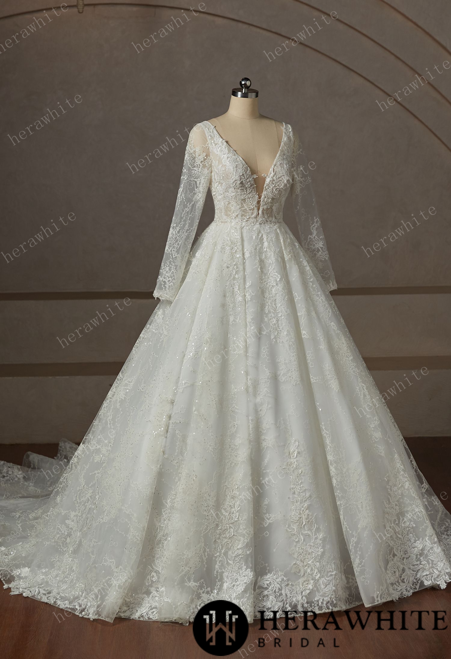 V-Neck Sparkly  Wedding Gown With  Long Sleeve