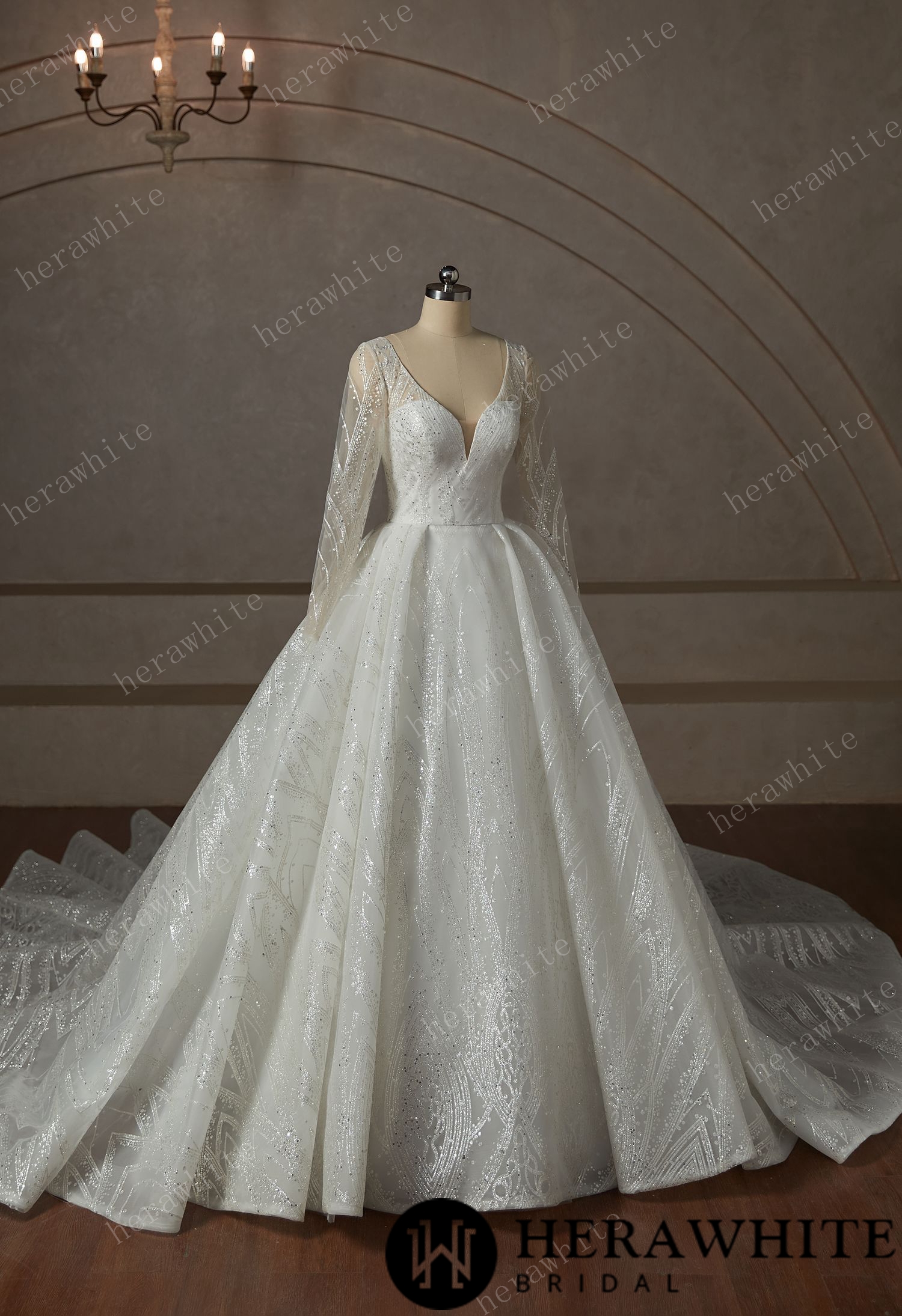 Luxury Lace Beading Wedding Dress With Long Sleeve