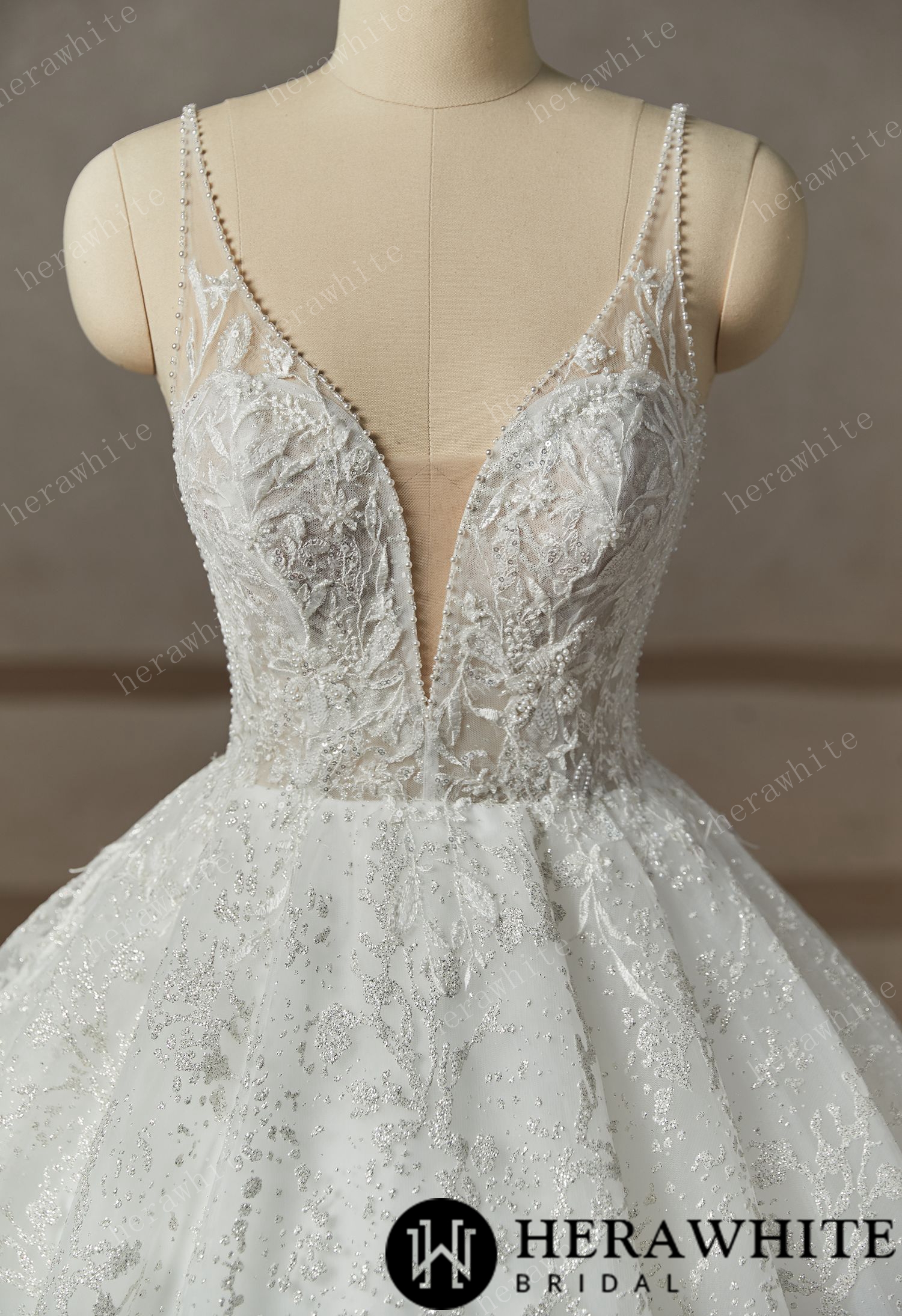 Princess Beaded Deep-plunge Ball Gown Wedding Dress