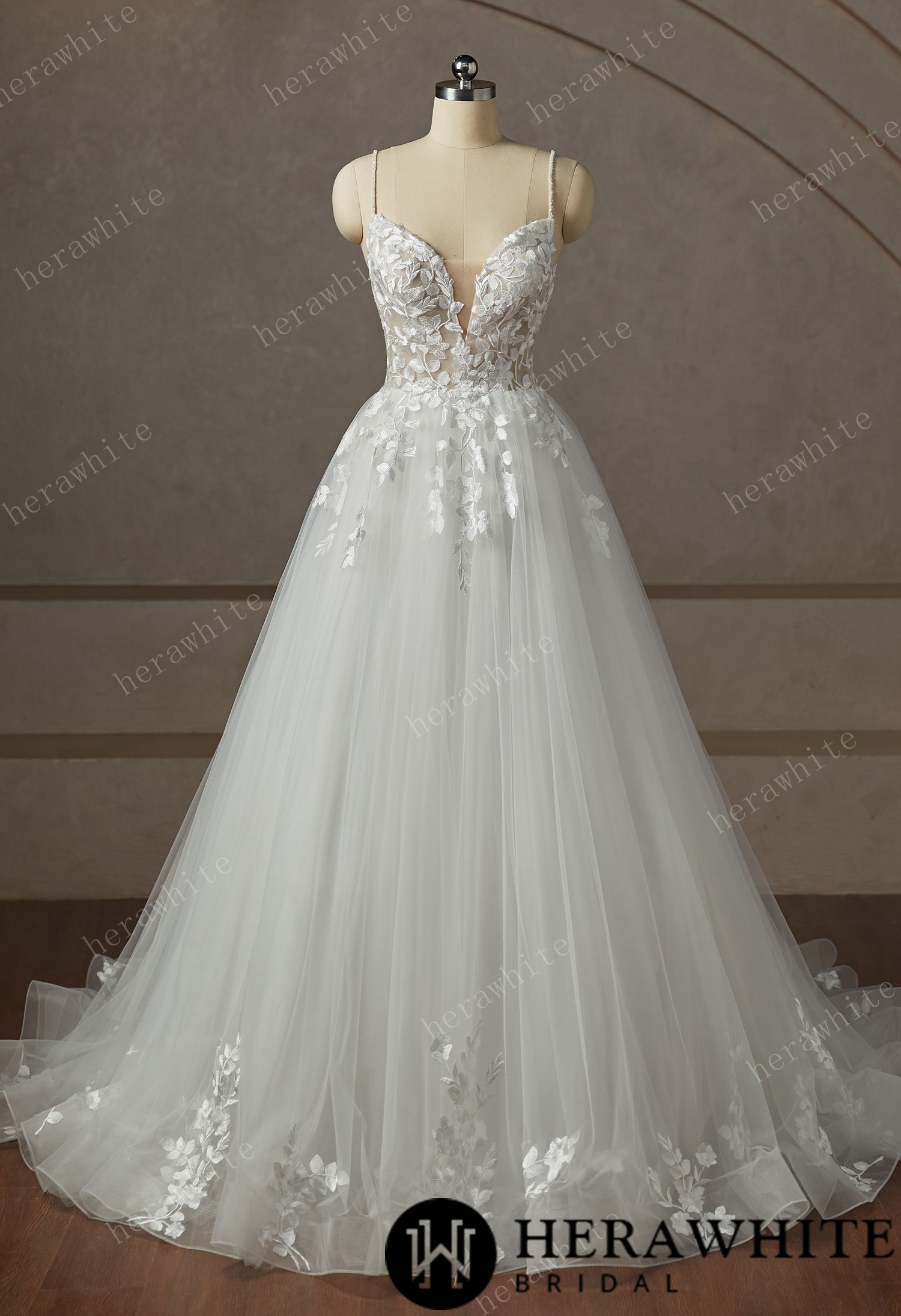 Beaded Strap Lace  Tulle Wedding Dress