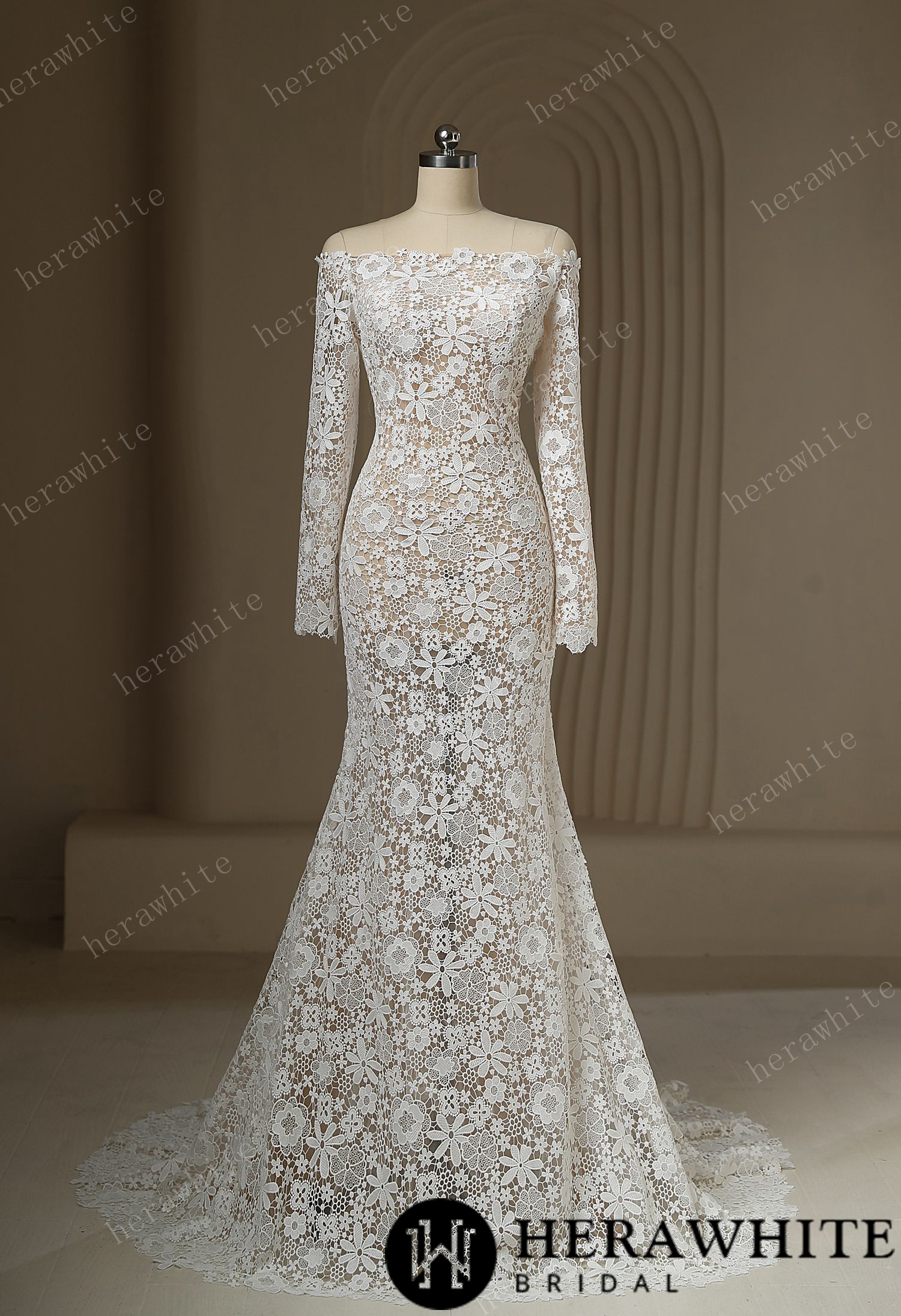 Unique Off The Shoulder Sheer Lace Wedding Dress