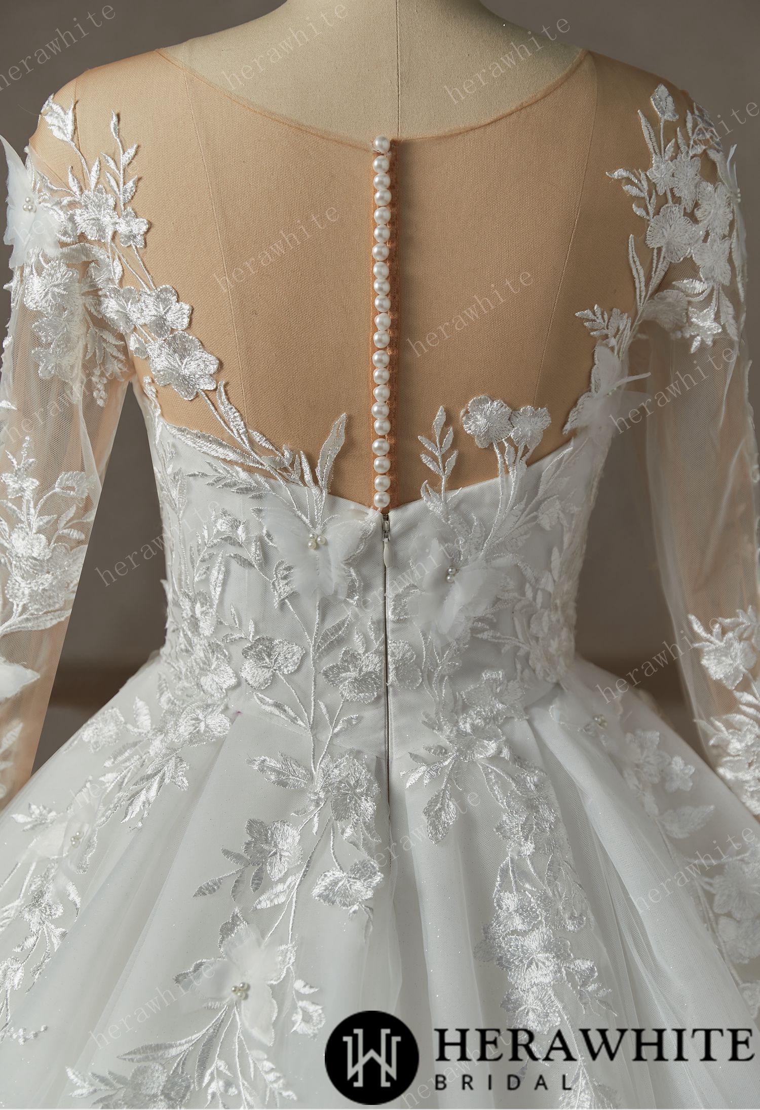 Floral Lace  Wedding Dress With Long Sleeve