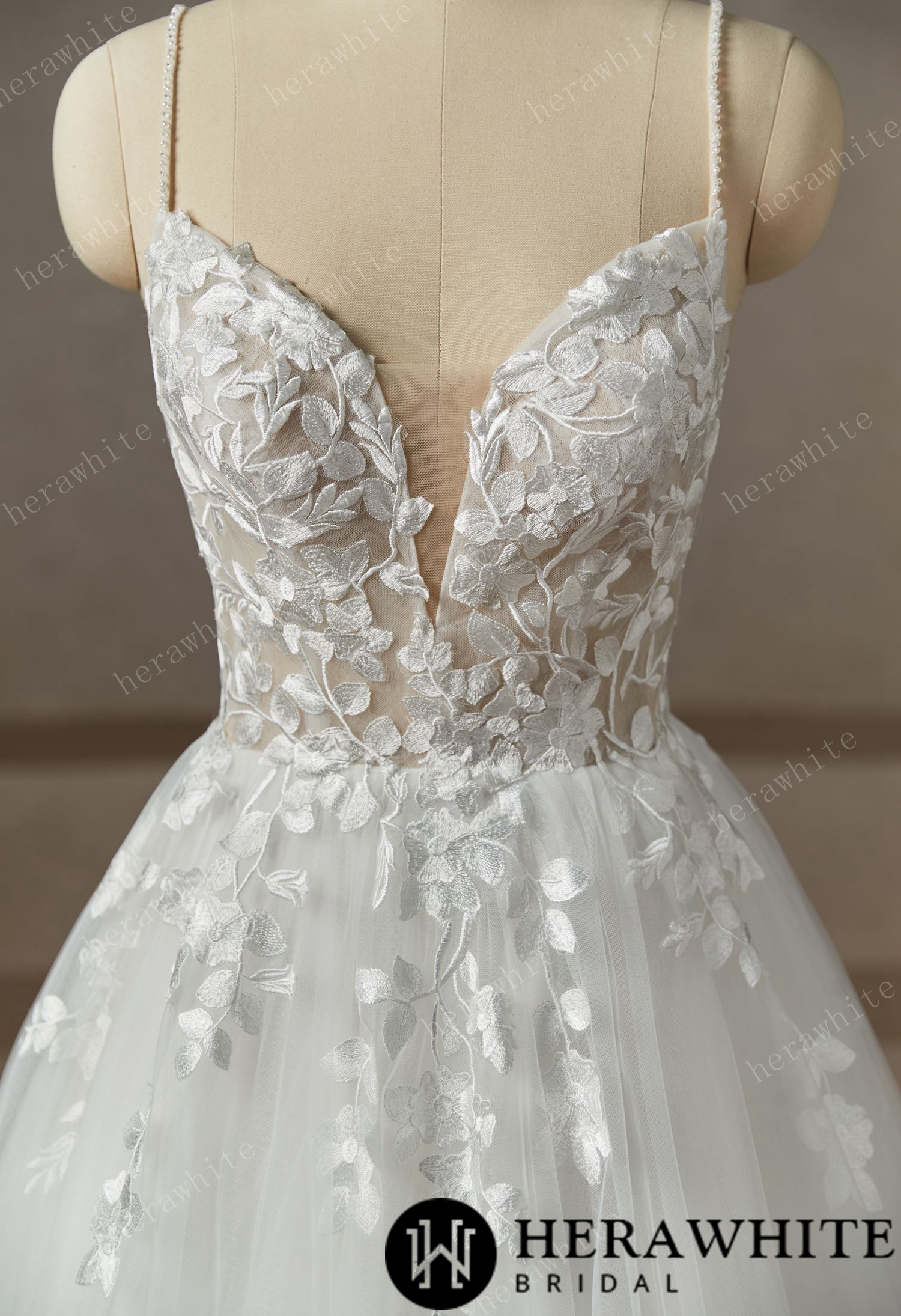 Beaded Strap Lace  Tulle Wedding Dress