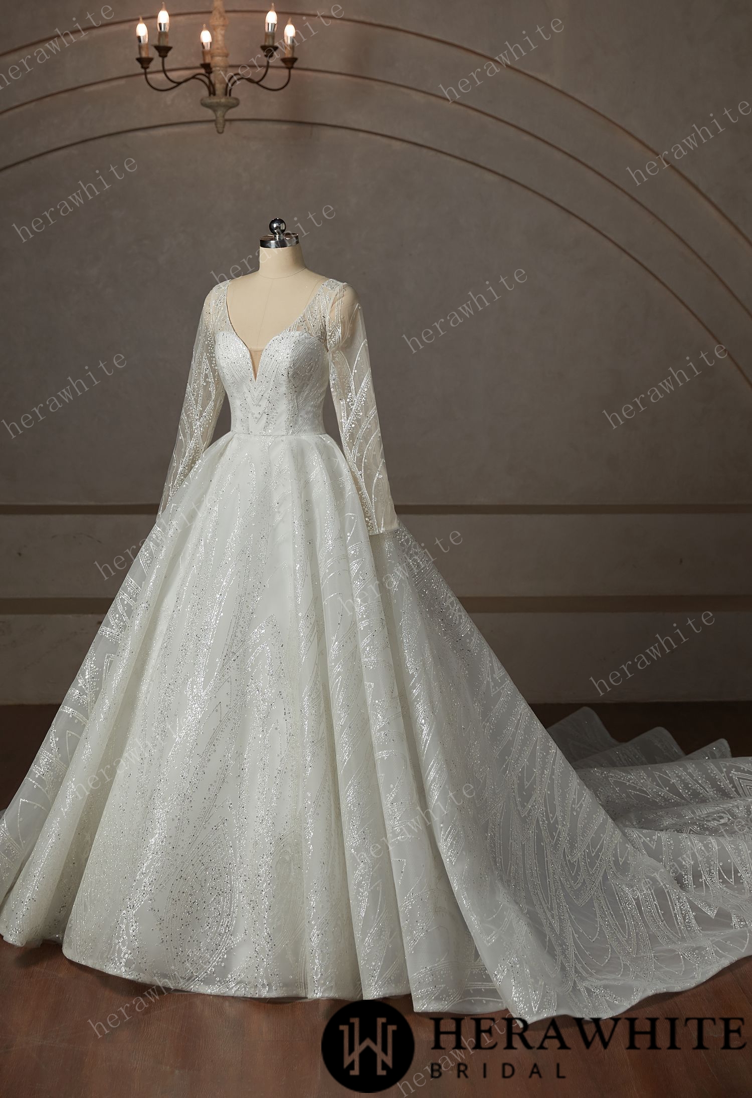 Luxury Lace Beading Wedding Dress With Long Sleeve