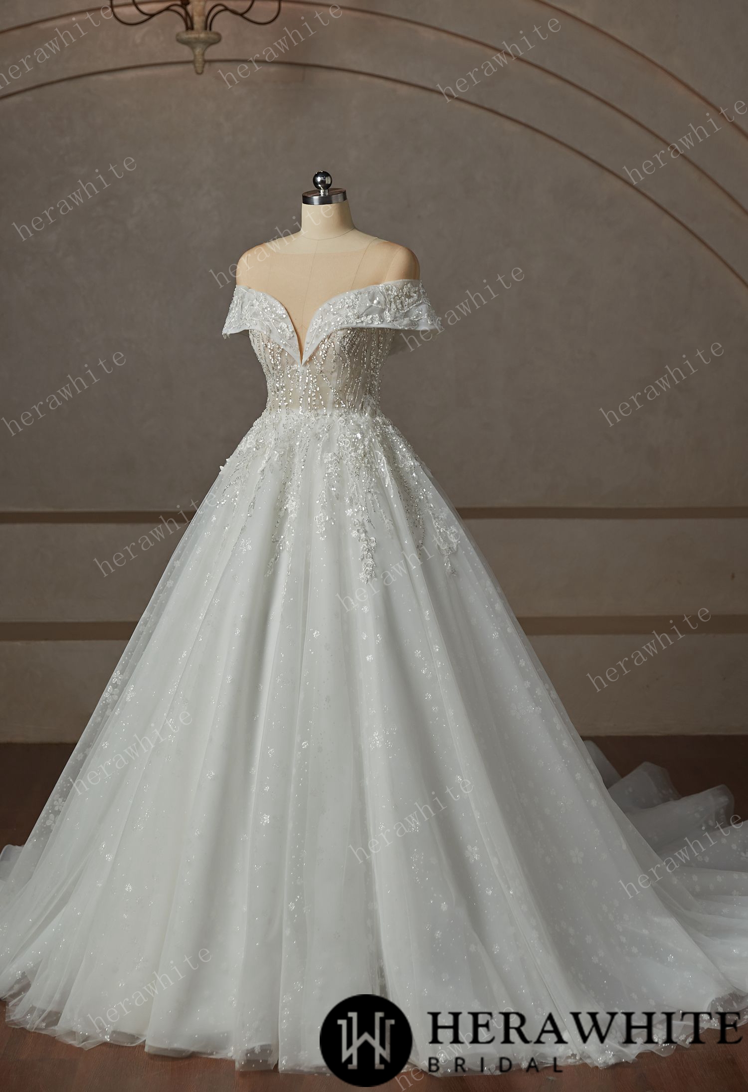 Princess Plunge  Wrap Sleeves Ball Gown Wedding Dress