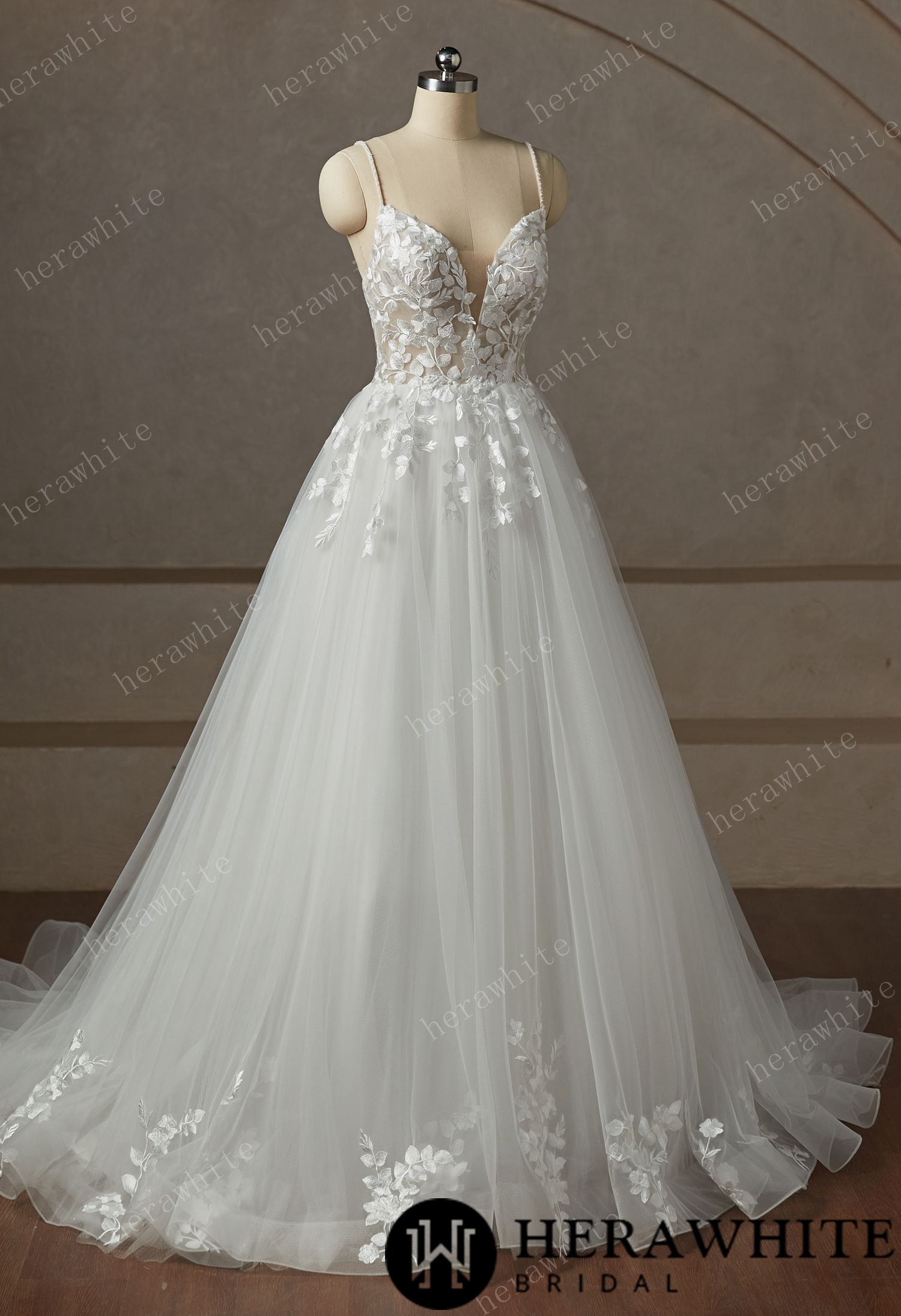Beaded Strap Lace  Tulle Wedding Dress