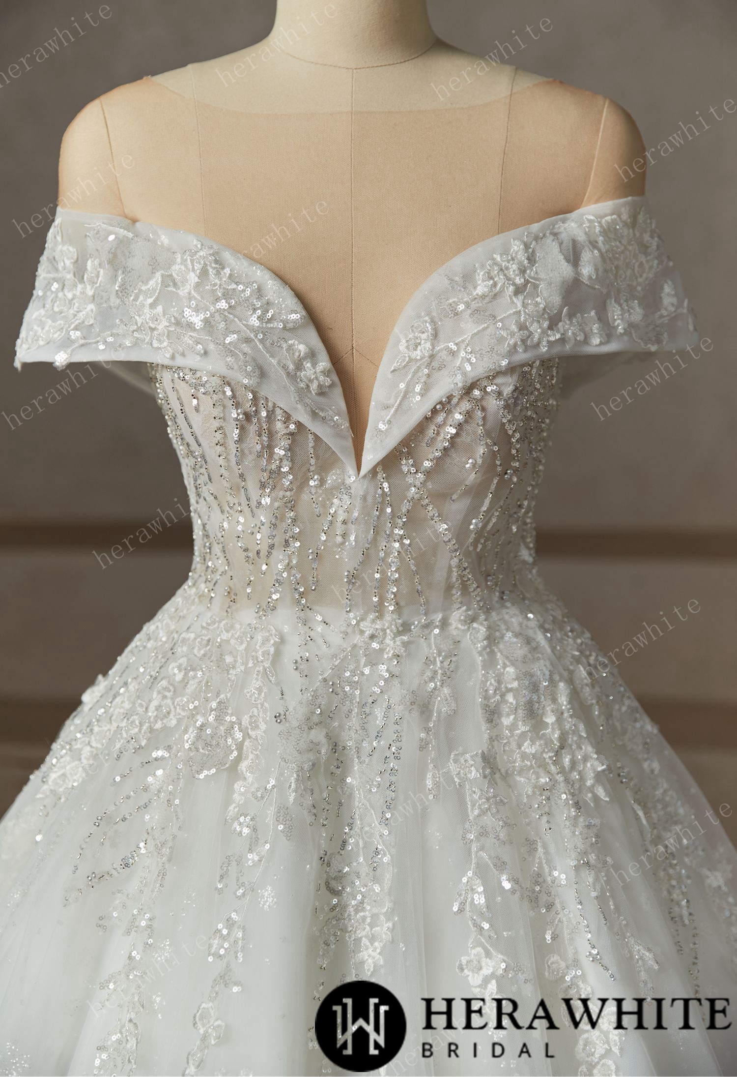 Princess Plunge  Wrap Sleeves Ball Gown Wedding Dress