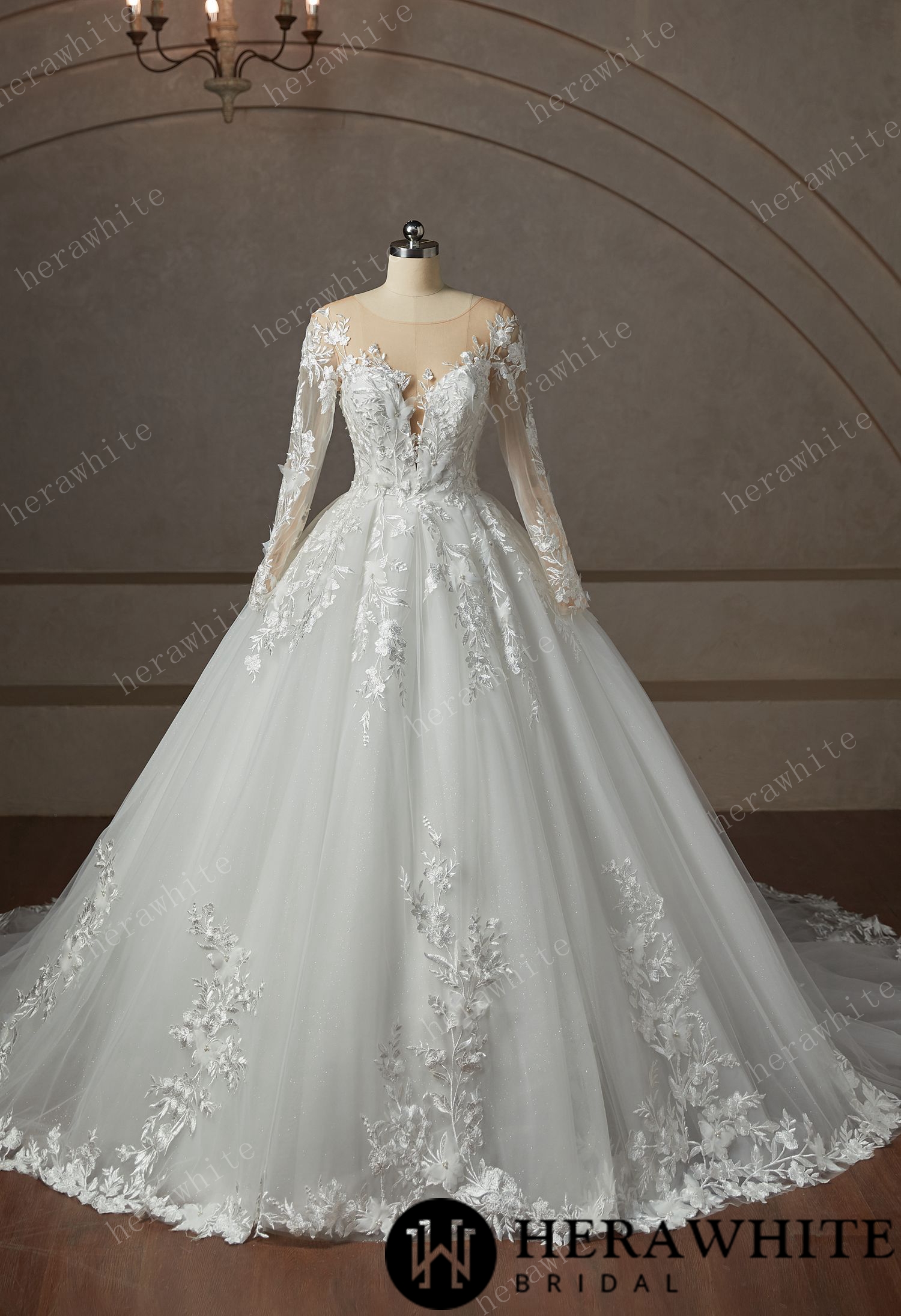 Floral Lace  Wedding Dress With Long Sleeve