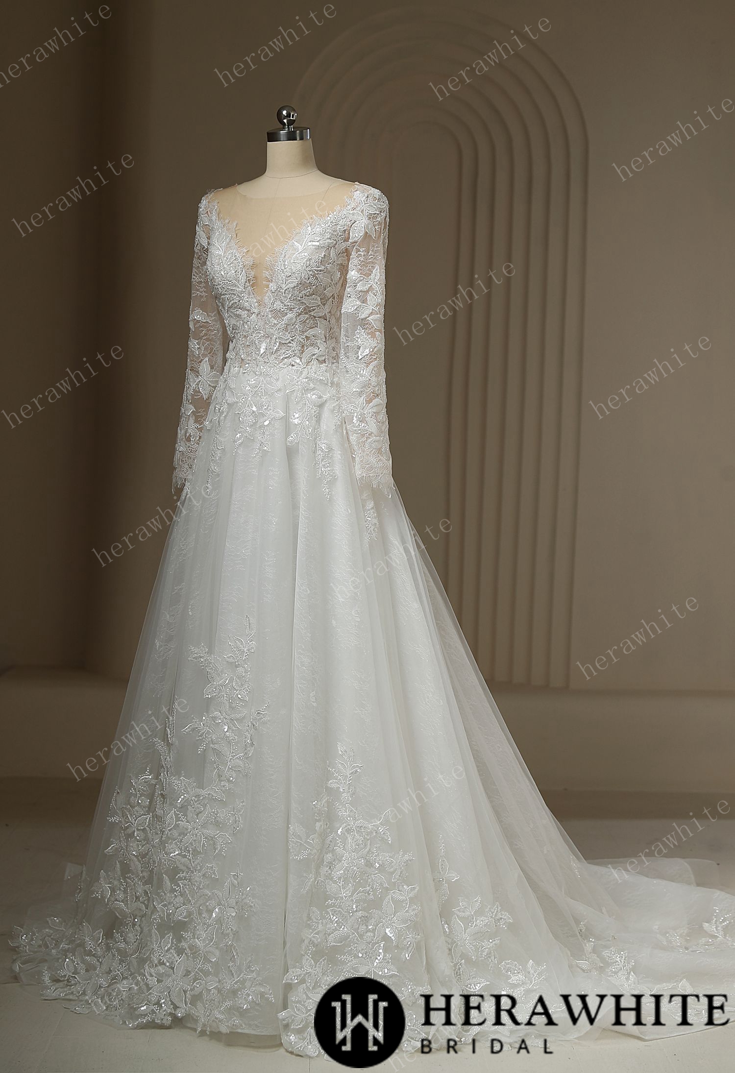 Ilusiion  Lace Long Sleeve Sparkly Wedding Dress