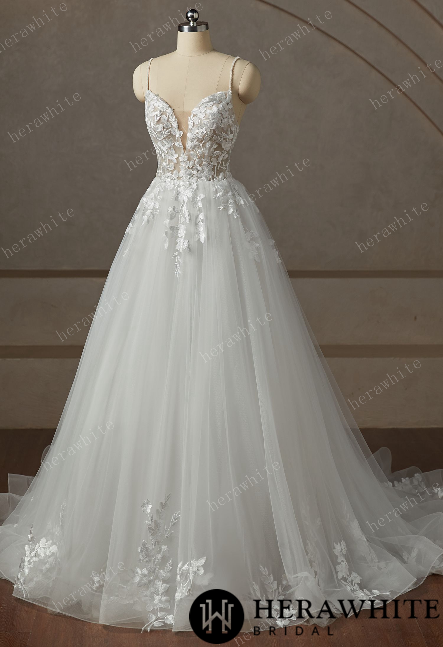 Beaded Strap Lace  Tulle Wedding Dress