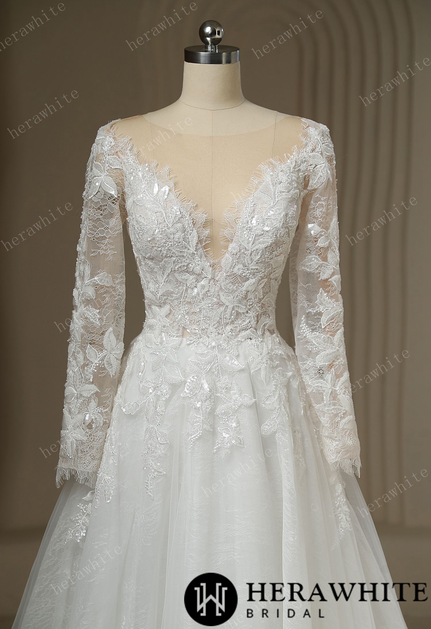 In Stock/ Ilusiion  Lace Long Sleeve Sparkly Wedding Dress