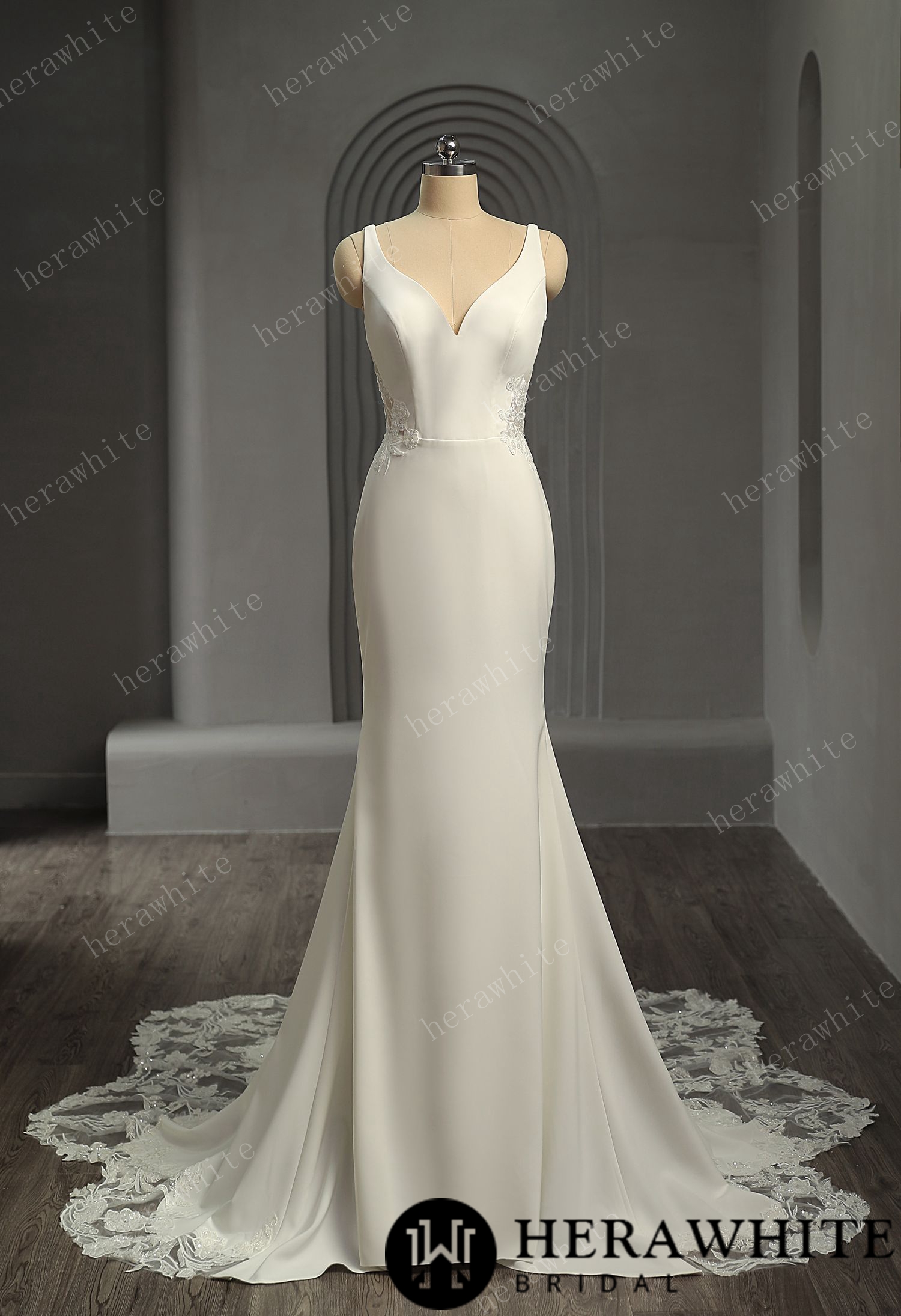 In Stock/ Crepe Fit and Flare Wedding Dress with Open Illusion Back
