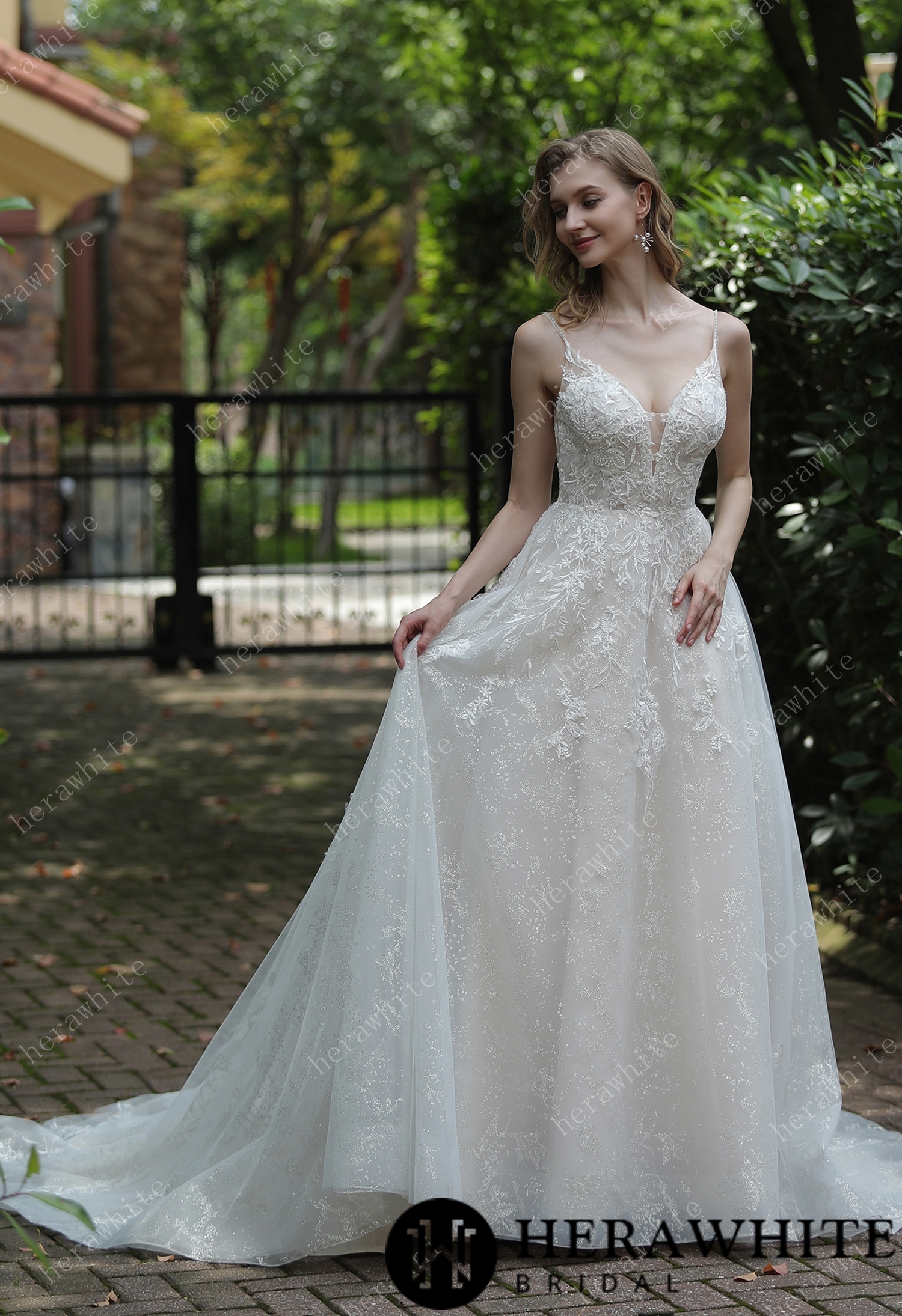 In Stock/ Sparkly A-Line Wedding Dress With Beaded Spaghetti Straps