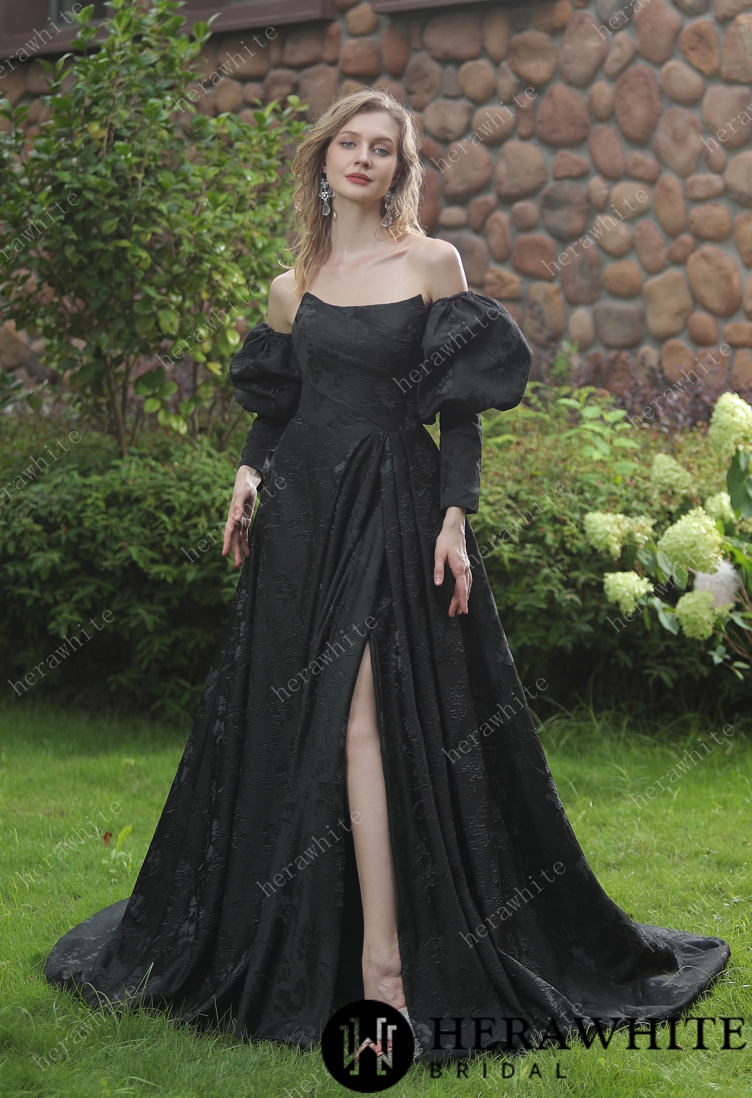 In Stock/ Scoop Neckline Brocade Satin Ballgown With Pockets