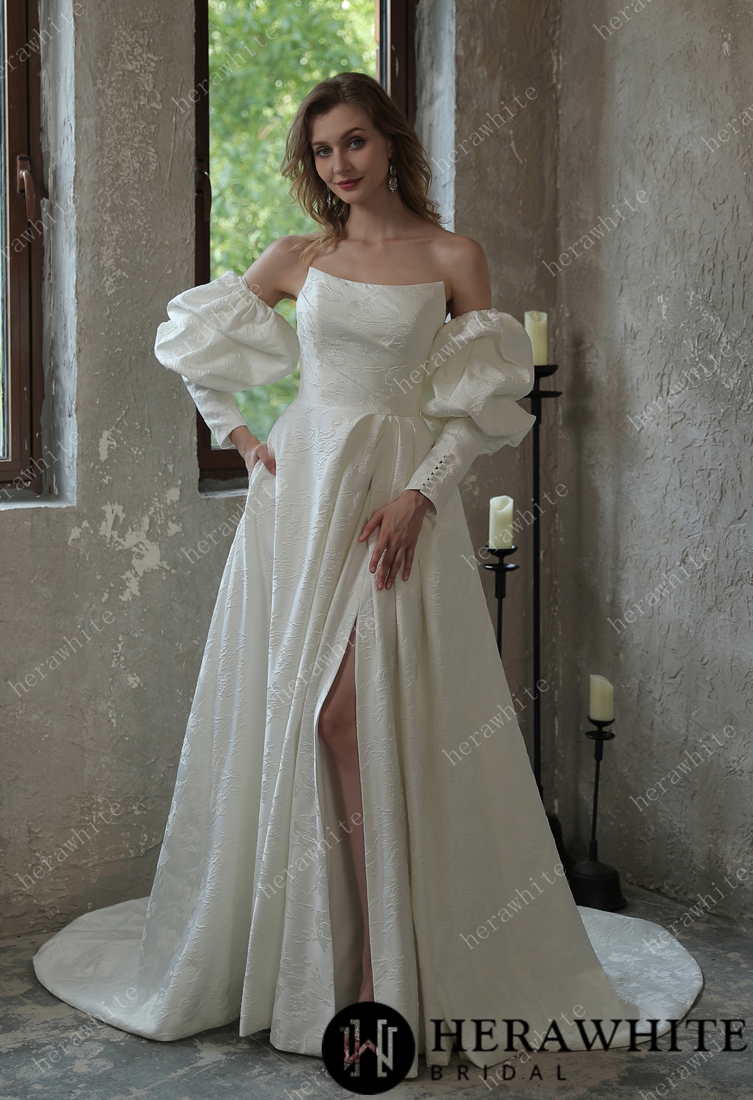 In Stock/ Scoop Neckline Brocade Satin Ballgown With Pockets