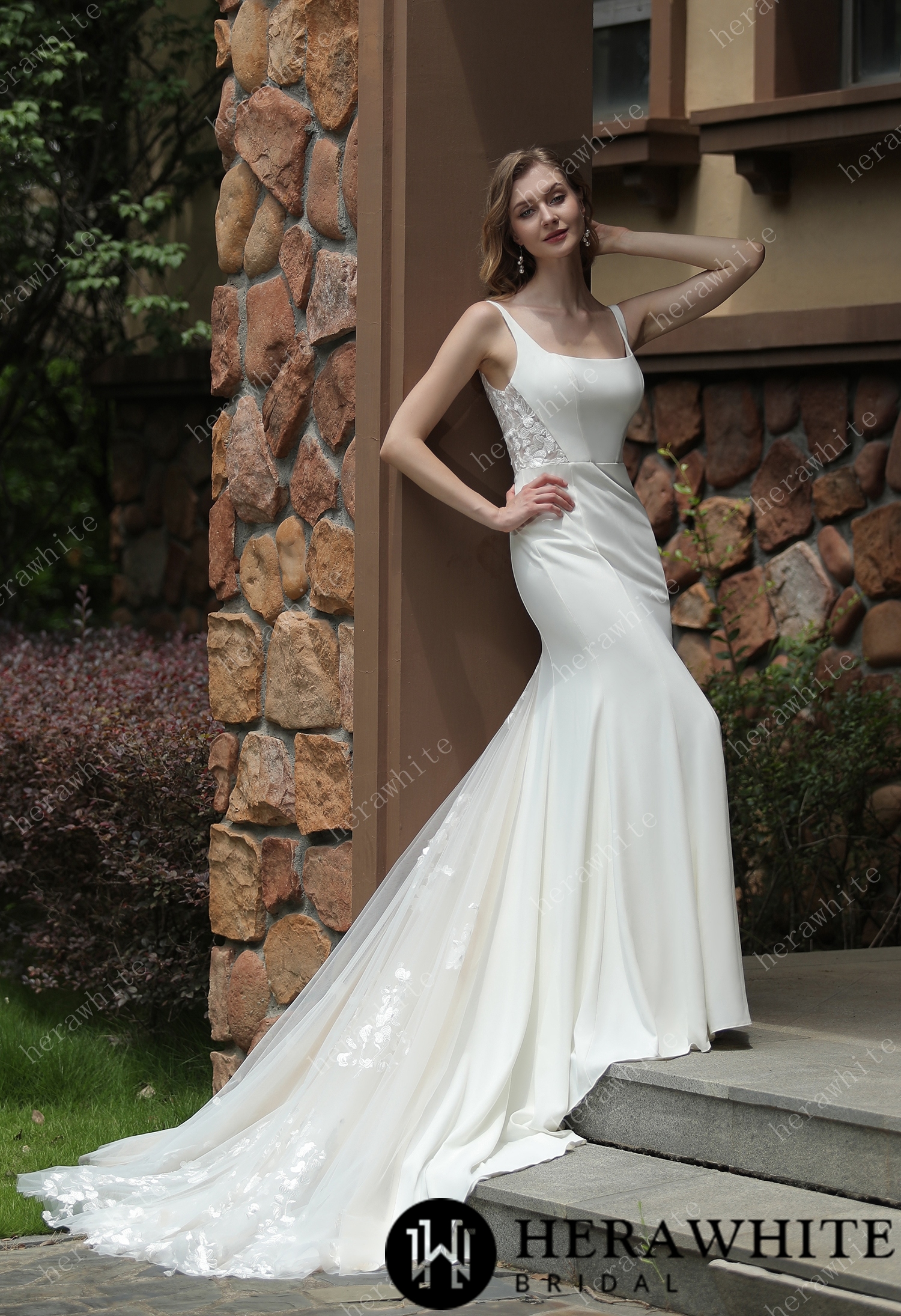 In Stock/ Square Neck Crepe Fit And Flare Wedding Dress With Tulle Bishop Sleeves