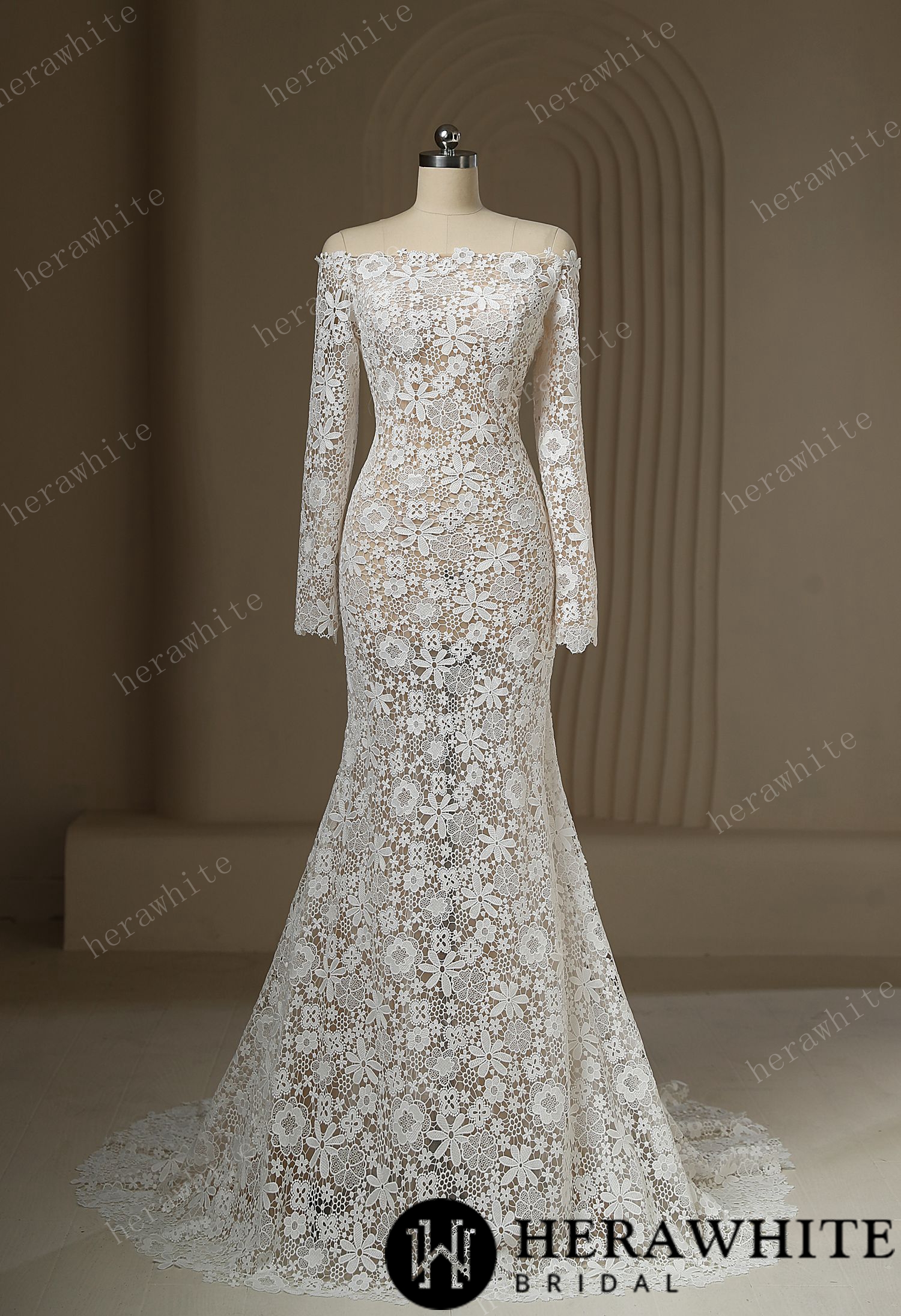 In Stock/ Unique Off The Shoulder Sheer Lace Wedding Dress