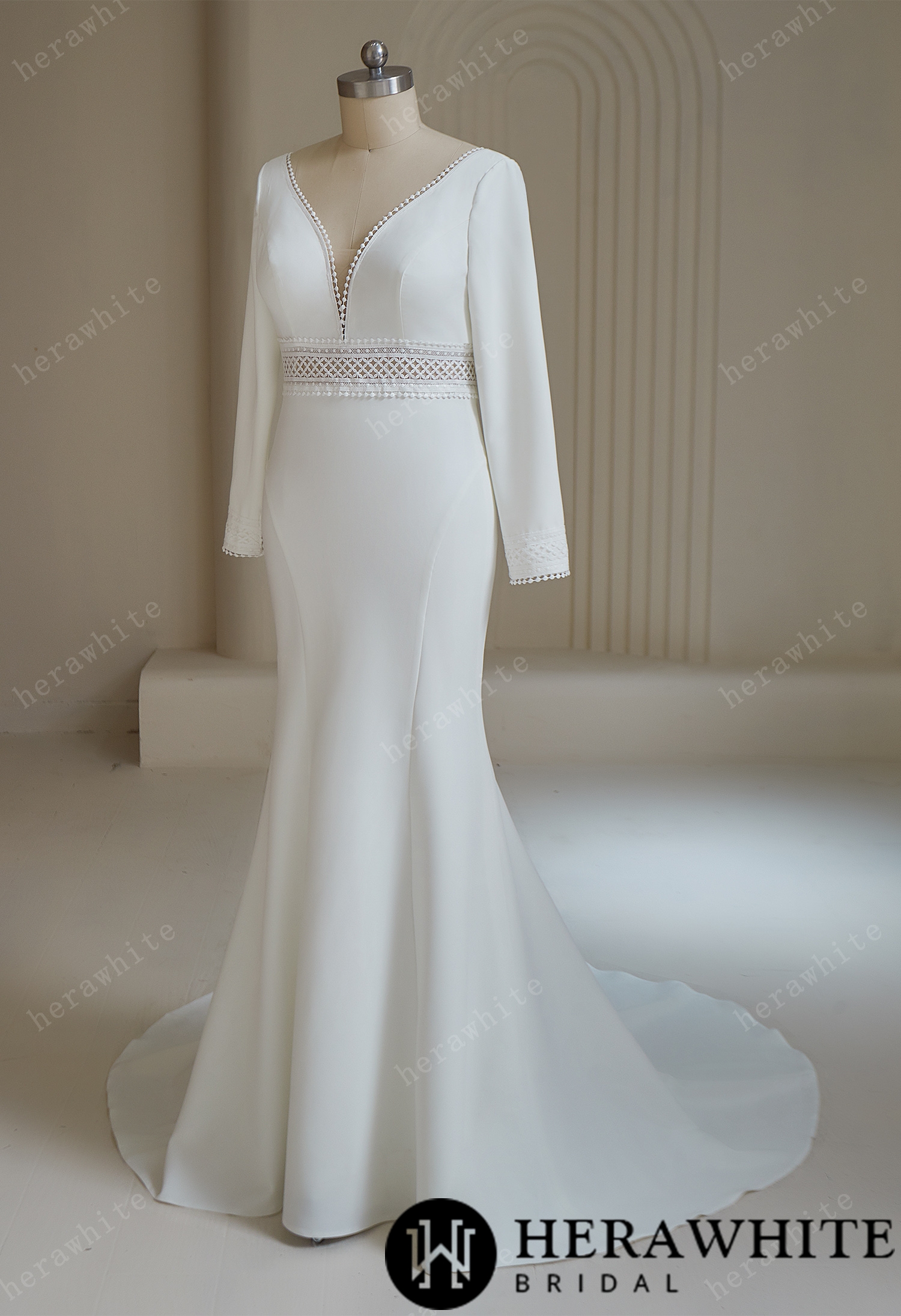 Deep V Neck  Crepe Mermaid Wedding Dresses With Full Sleeves