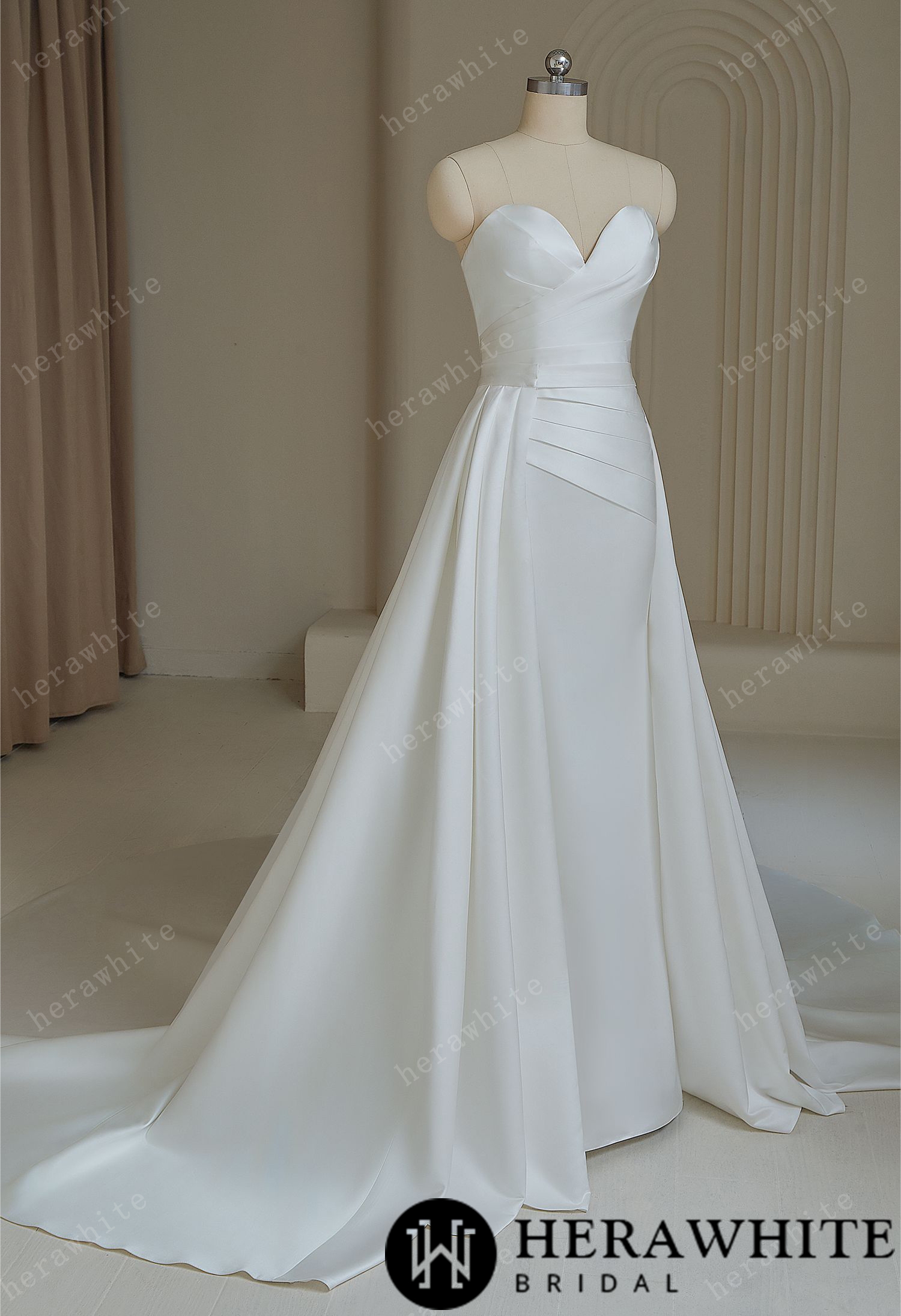 Sweetheart pleated  Satin Mermaid Wedding Dress with  Overskirt