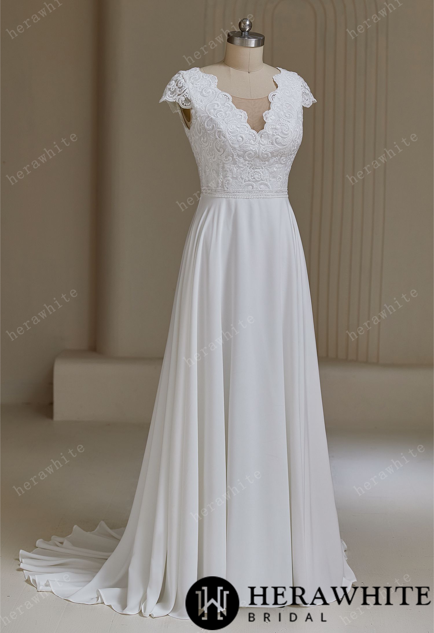 V neckline Wedding Dress with Chiffon Skirt