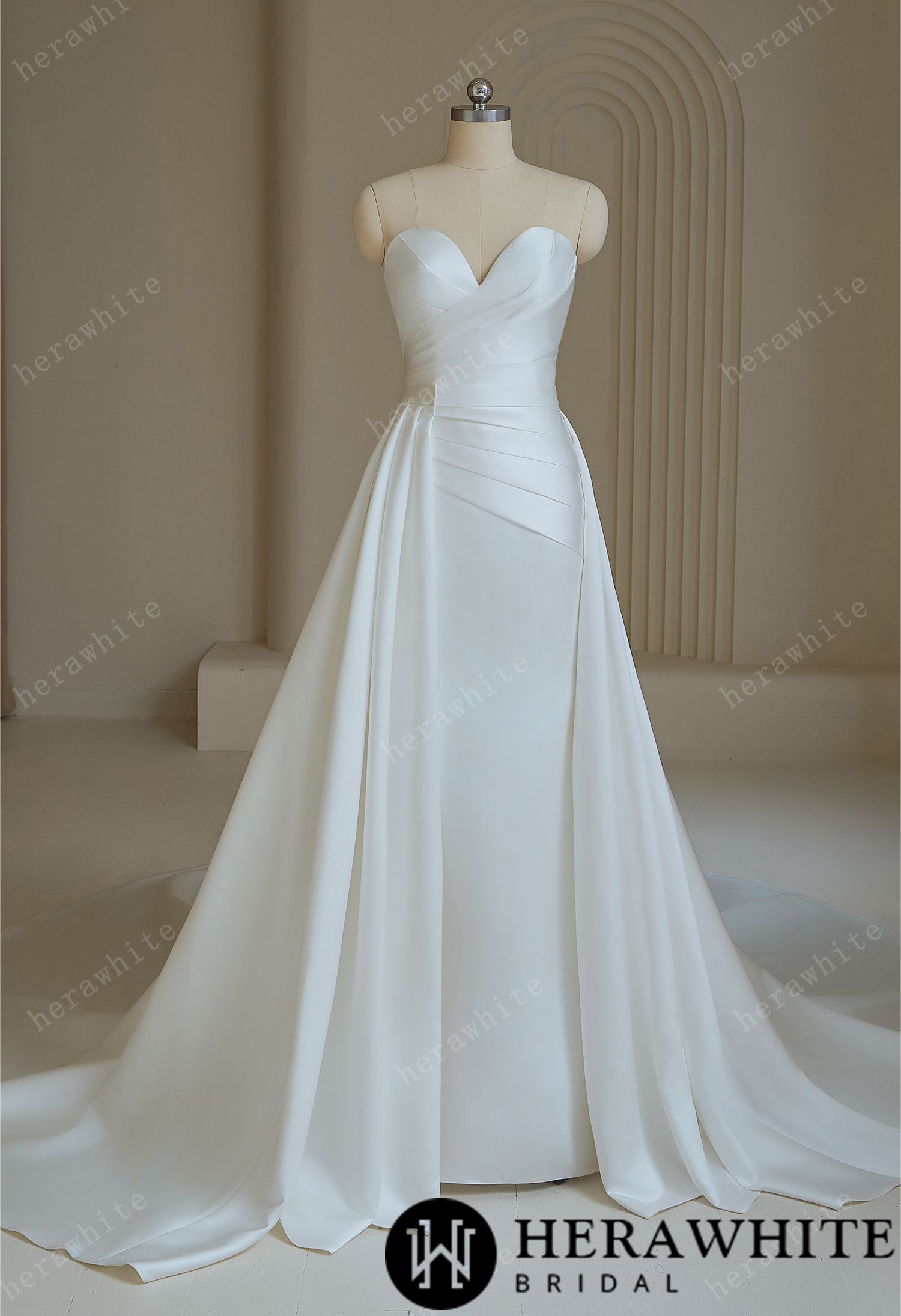 Sweetheart pleated  Satin Mermaid Wedding Dress with  Overskirt