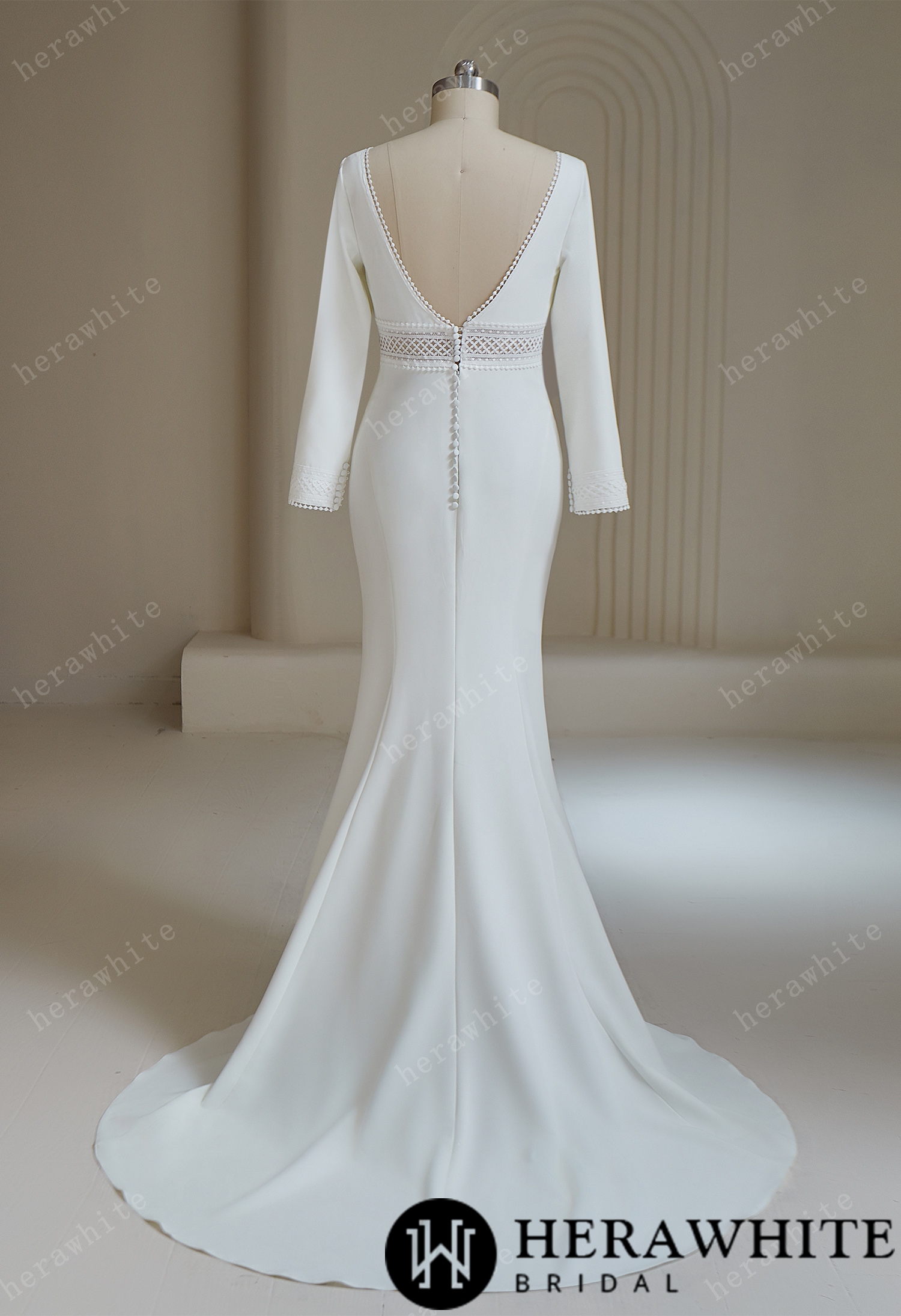 Deep V Neck  Crepe Mermaid Wedding Dresses With Full Sleeves