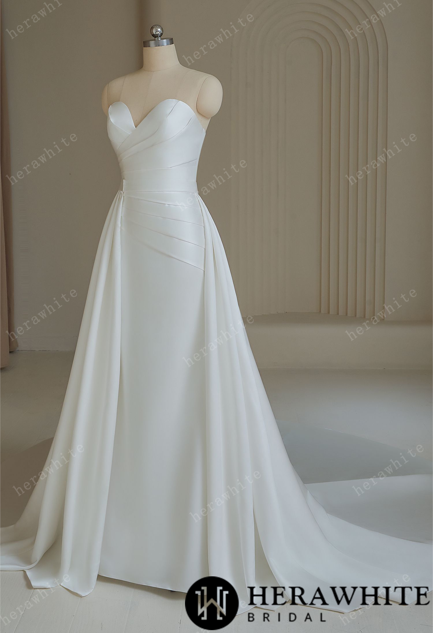 Sweetheart pleated  Satin Mermaid Wedding Dress with  Overskirt