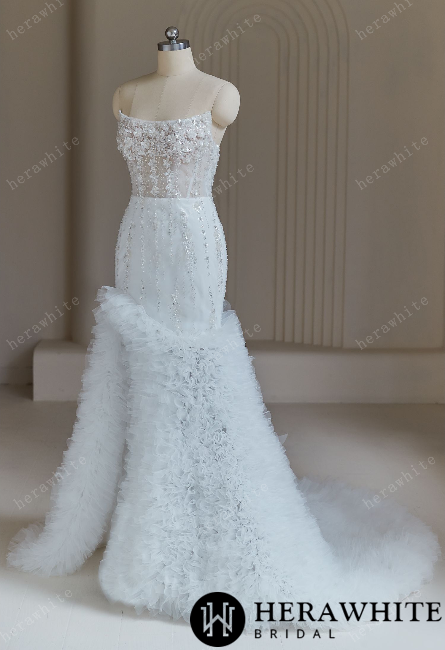 Beaded Wedding Dresses With  Cascading Ruffles