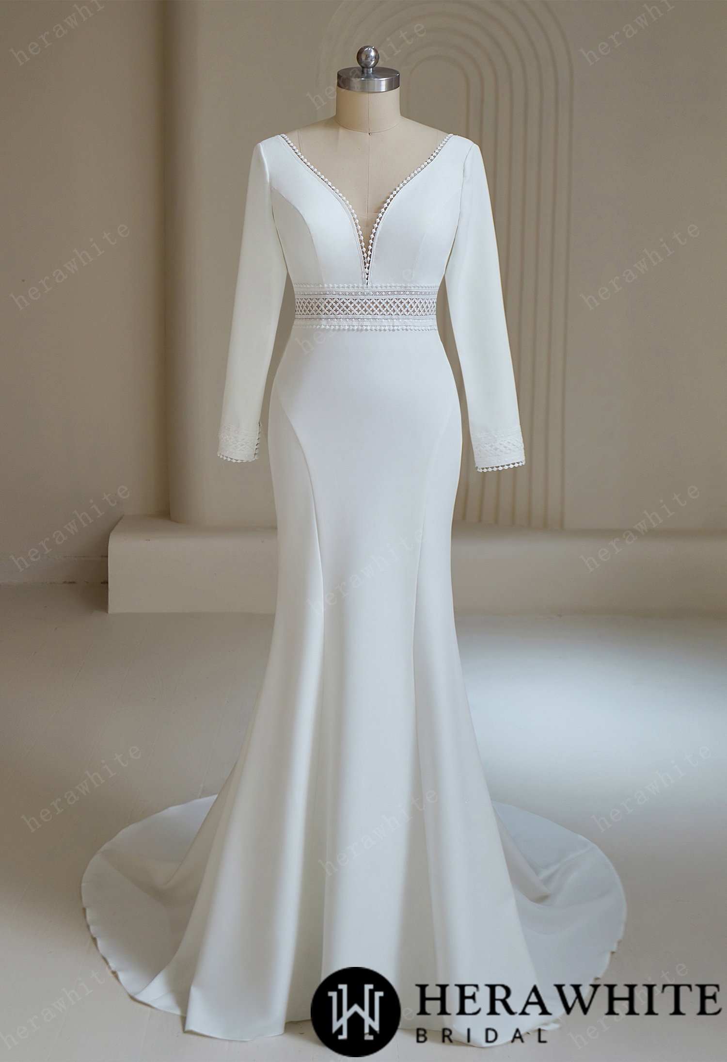 Deep V Neck  Crepe Mermaid Wedding Dresses With Full Sleeves