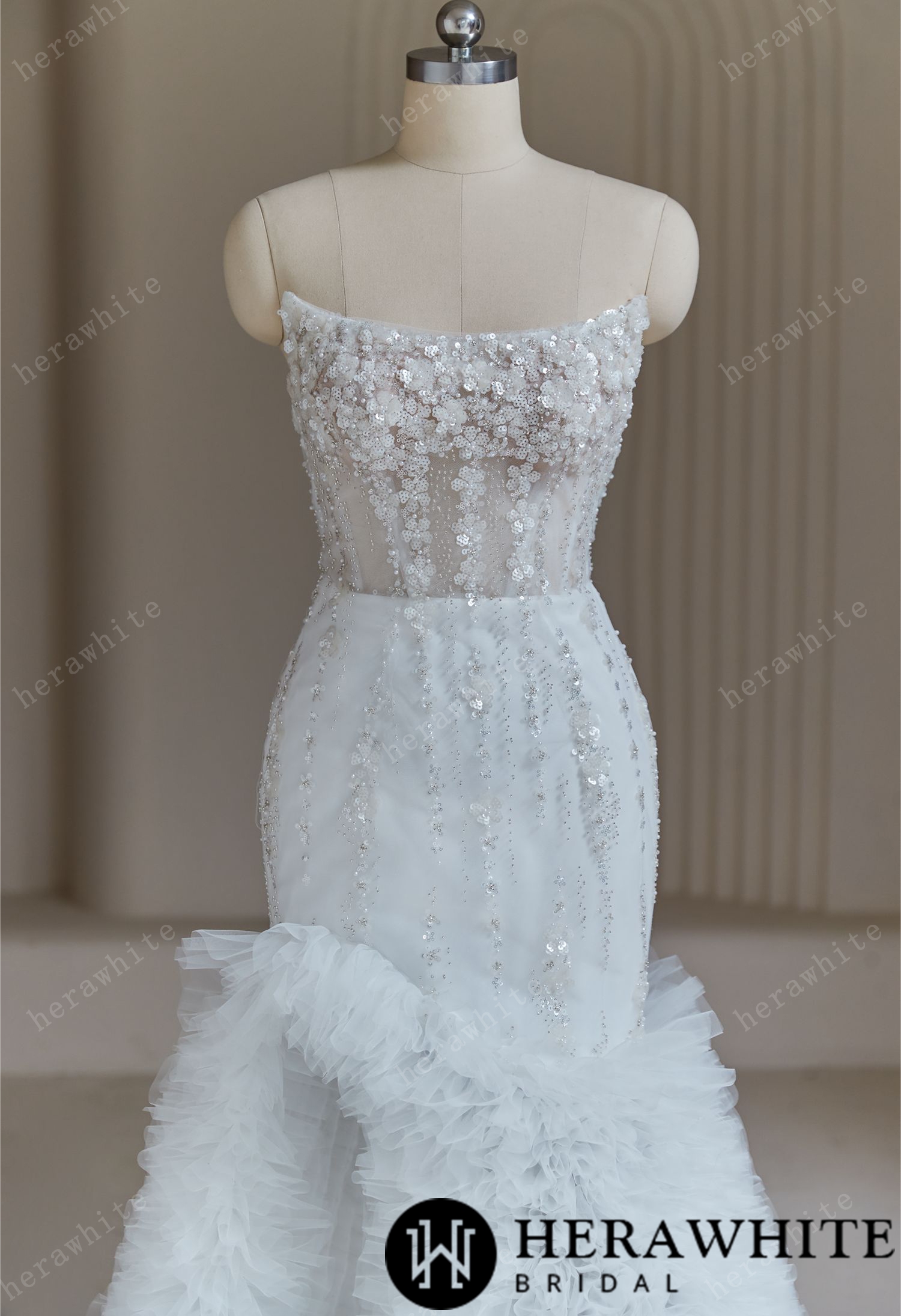 Beaded Wedding Dresses With  Cascading Ruffles