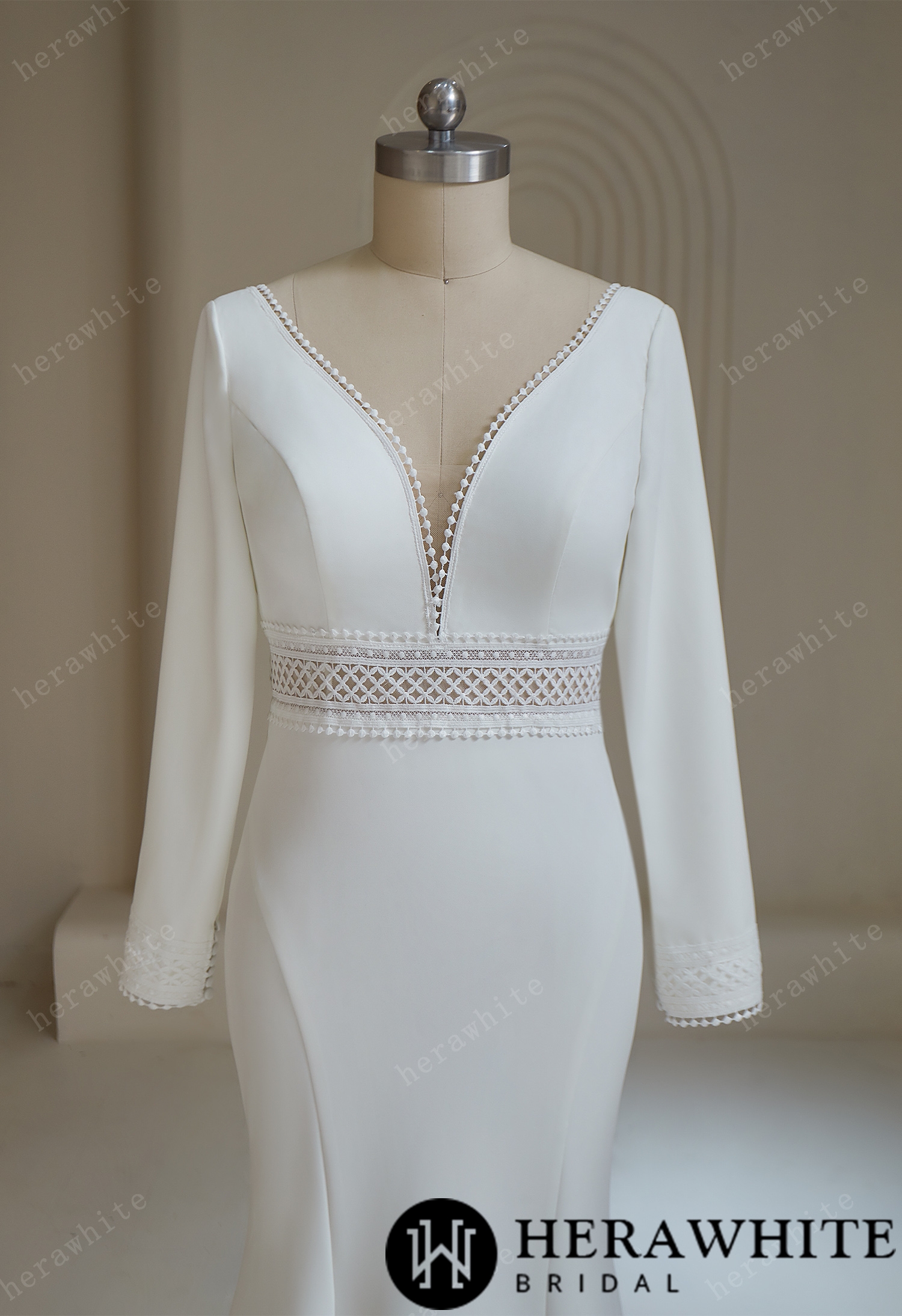 Deep V Neck  Crepe Mermaid Wedding Dresses With Full Sleeves