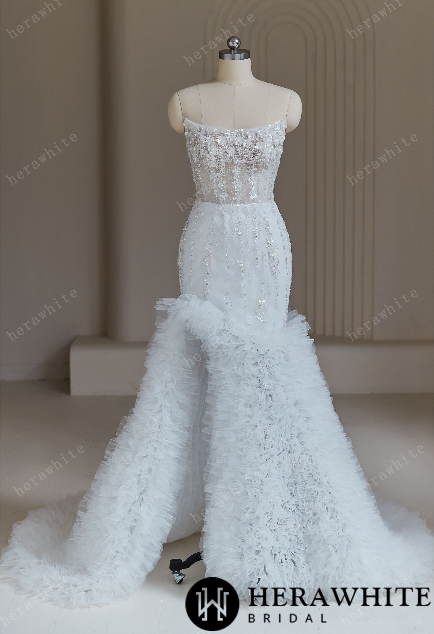 Beaded Wedding Dresses With  Cascading Ruffles