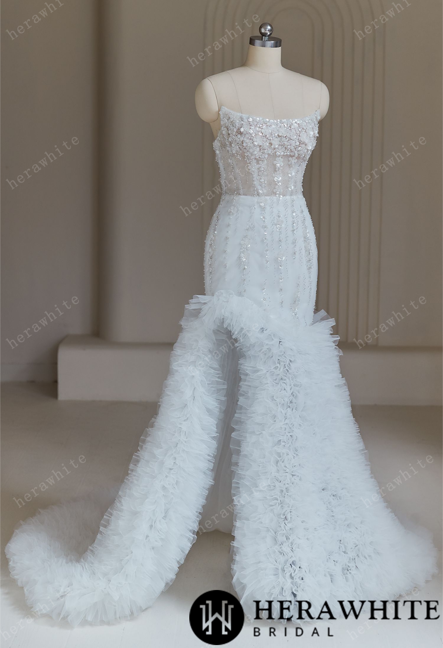 Beaded Wedding Dresses With  Cascading Ruffles