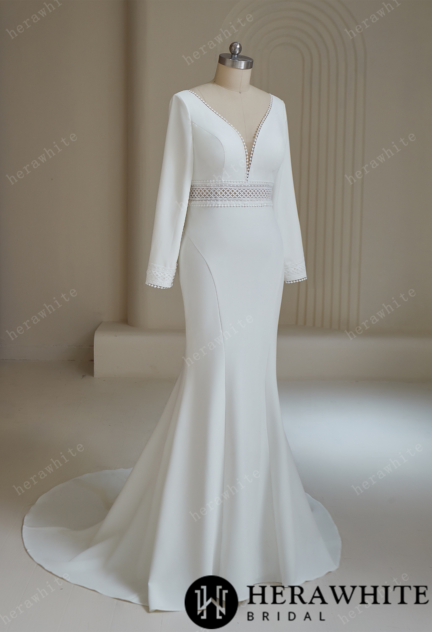 Deep V Neck  Crepe Mermaid Wedding Dresses With Full Sleeves