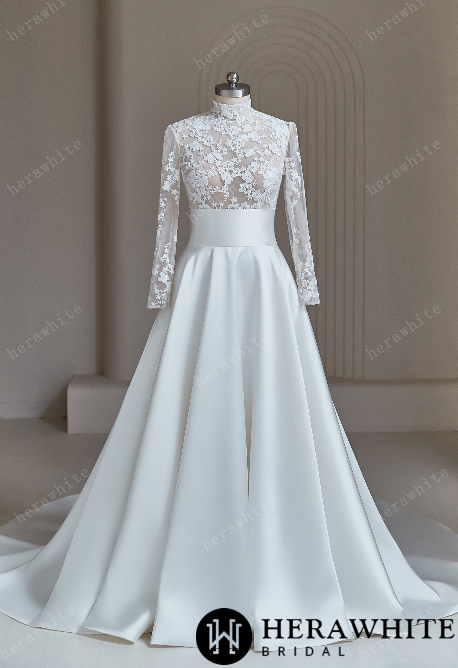 High-neck Modest Ivory Lace Satin  Wedding Dress