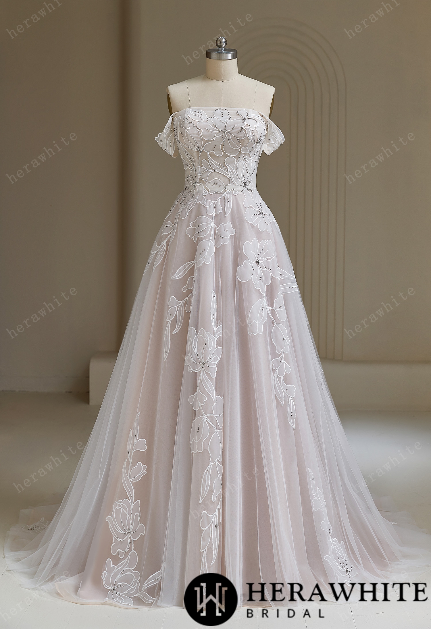 Romantic Off The Shoulder Tulle Floral Lace A-line Wedding Dress