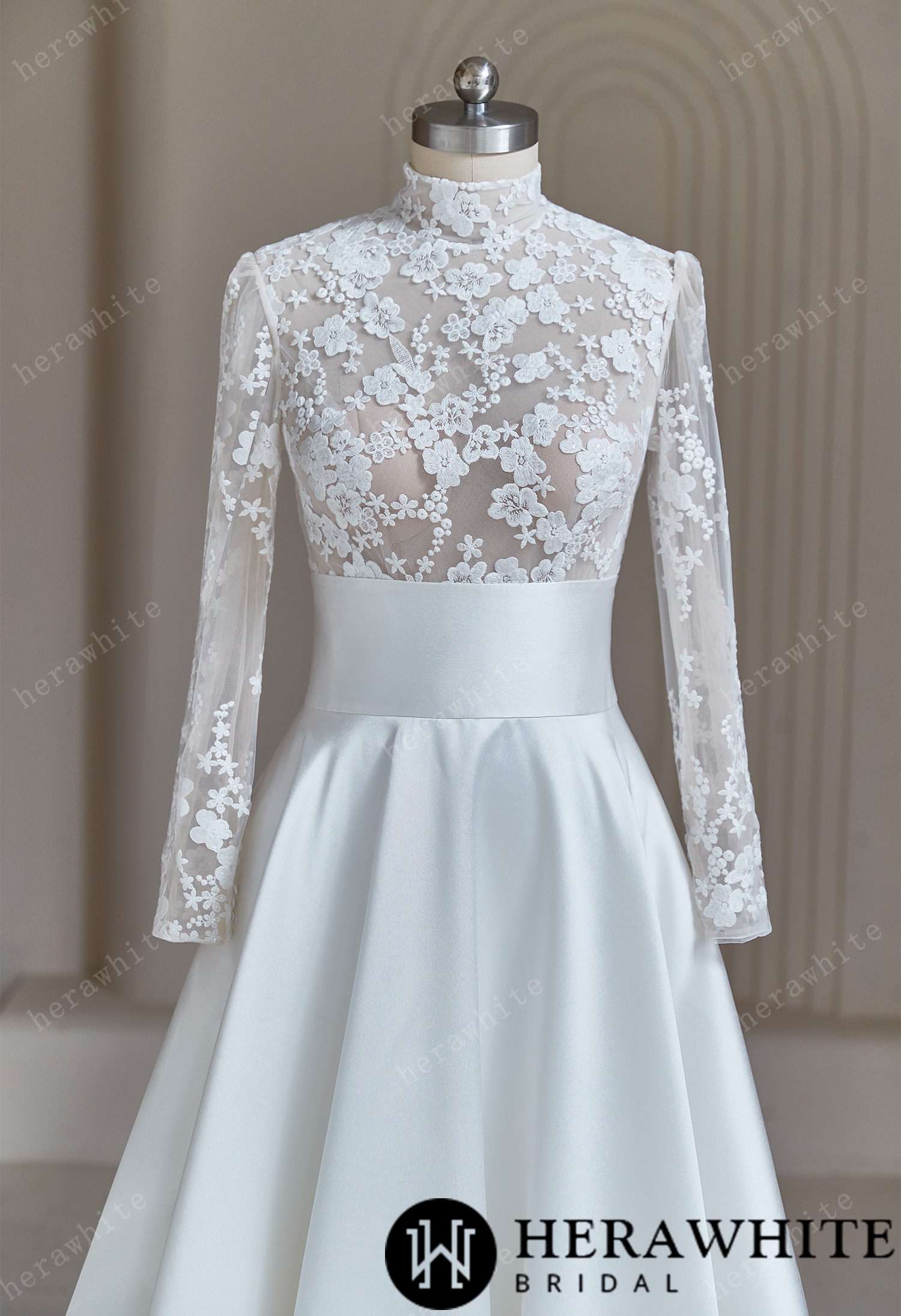 High-neck Modest Ivory Lace Satin  Wedding Dress
