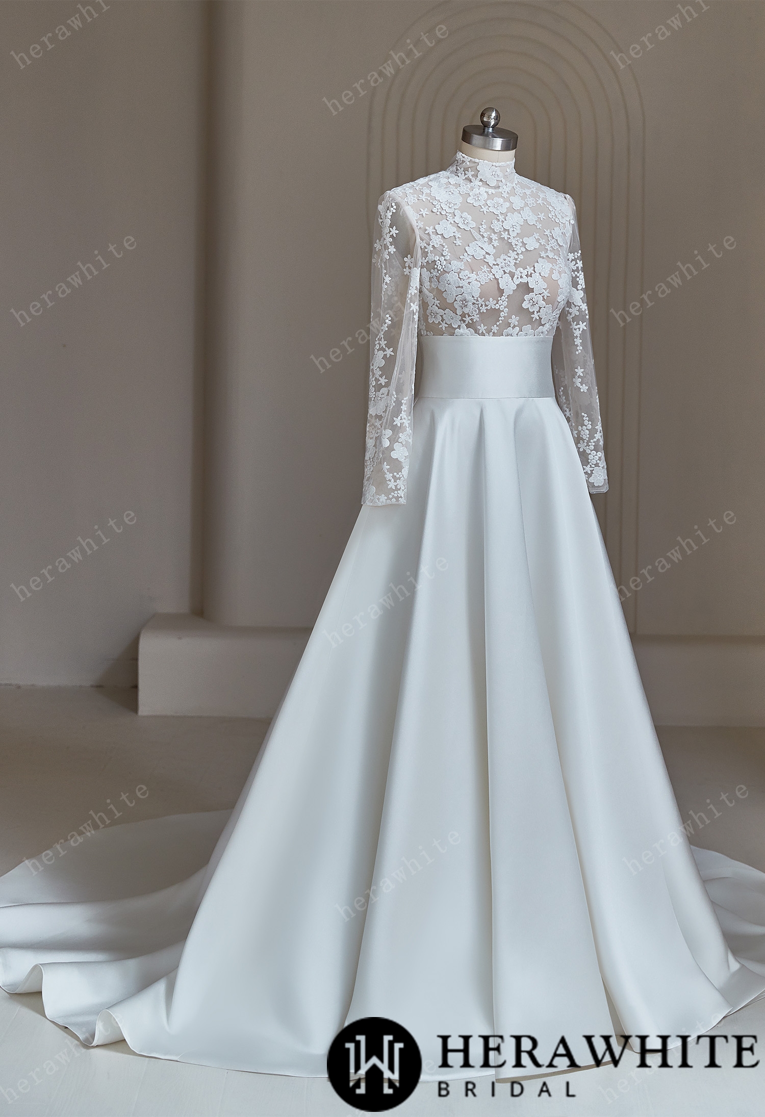 High-neck Modest Ivory Lace Satin  Wedding Dress