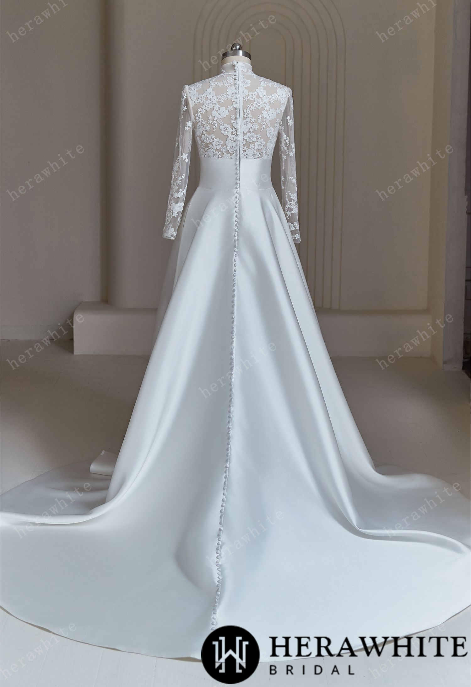High-neck Modest Ivory Lace Satin  Wedding Dress